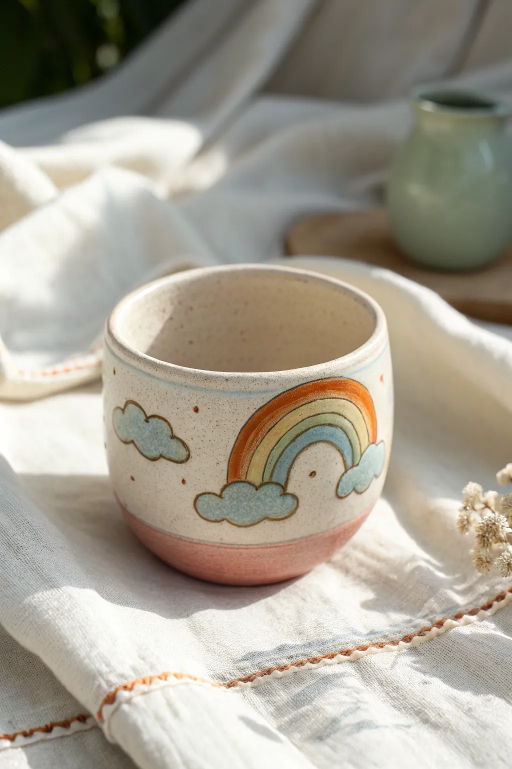 Dreamy cloud relief cup with a simple rainbow arch, pastel glaze and cozy Scandinavian calm.