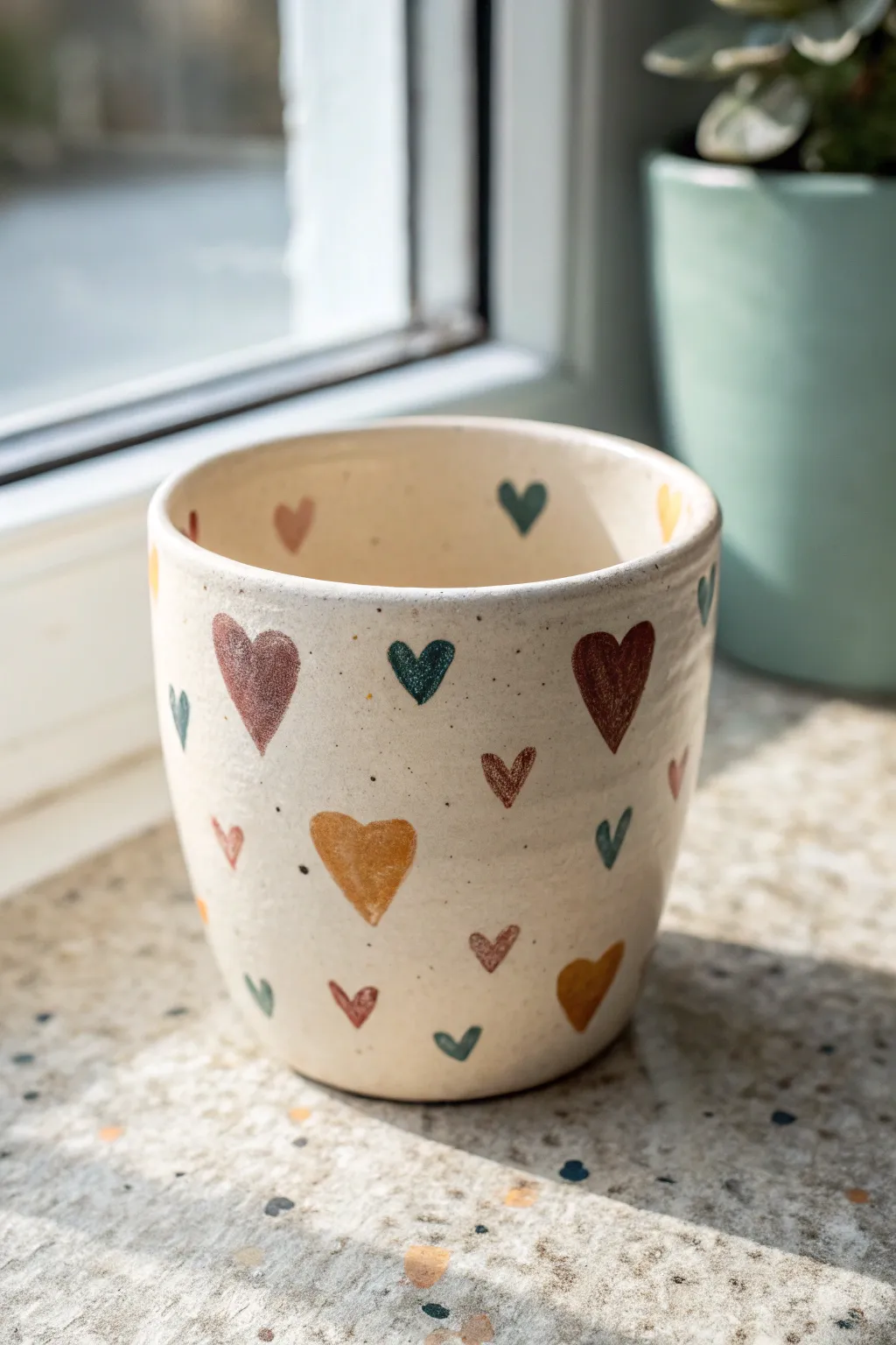 Tiny confetti hearts in a repeating color turn this clay cup into a sweet, easy painting idea.