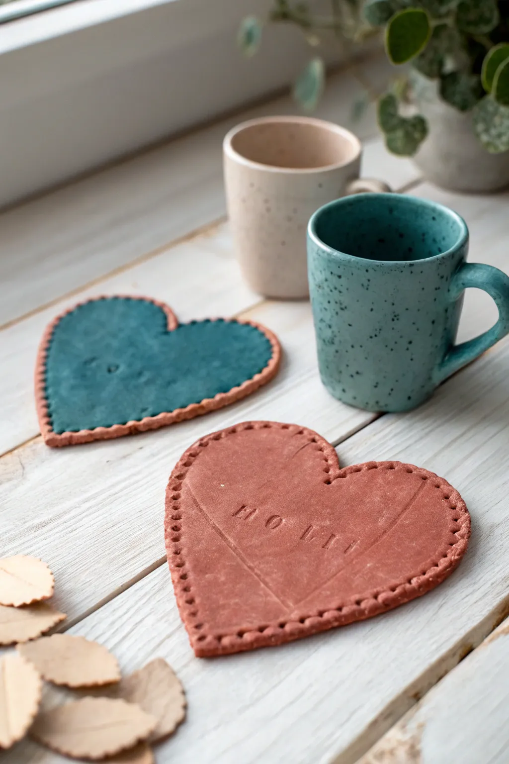 Two easy heart clay coasters for a cozy clay date, bold terracotta and teal on pale wood.