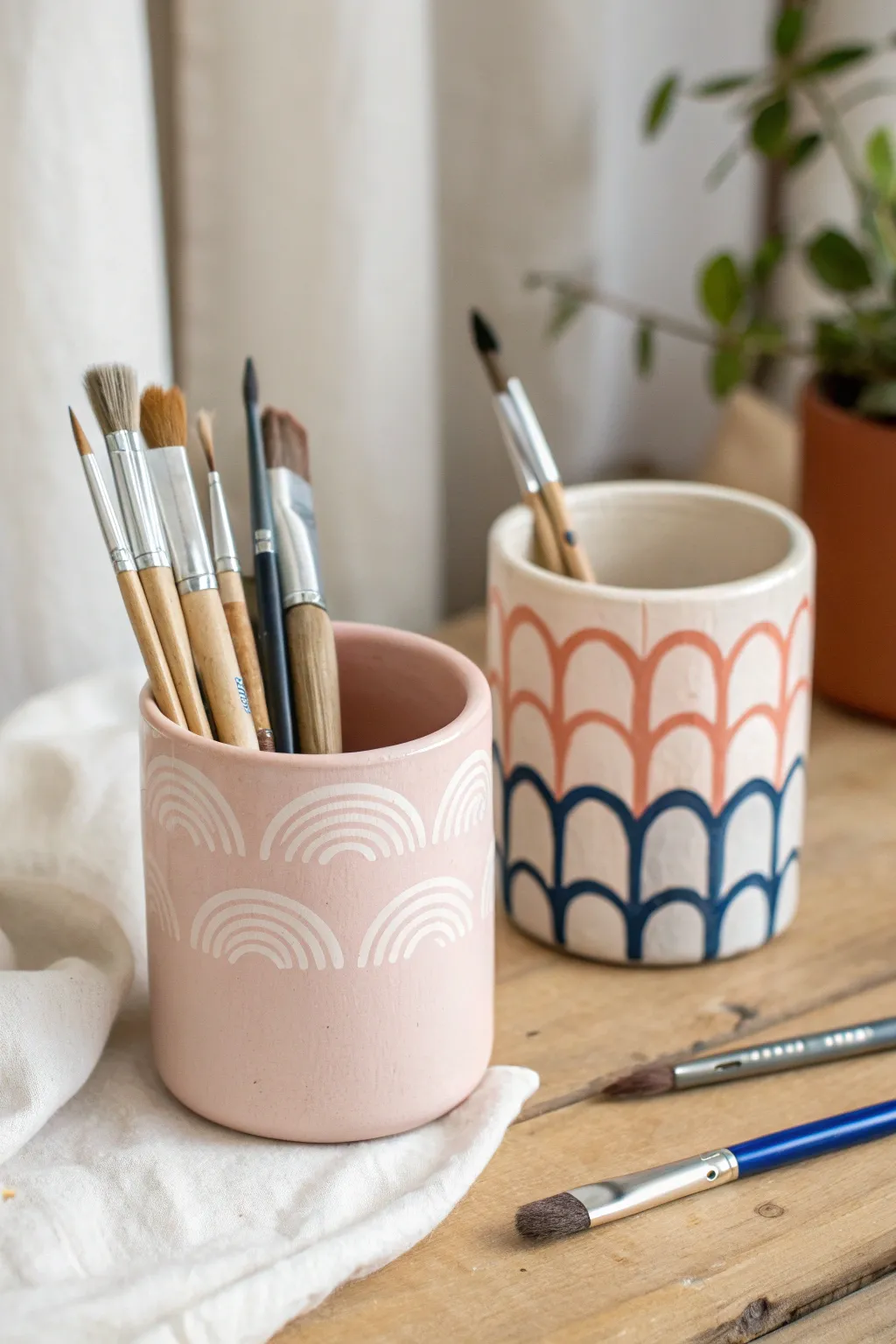 Date night clay craft: matching mug-shaped pencil cups with bold patterns and a cozy boho vibe.