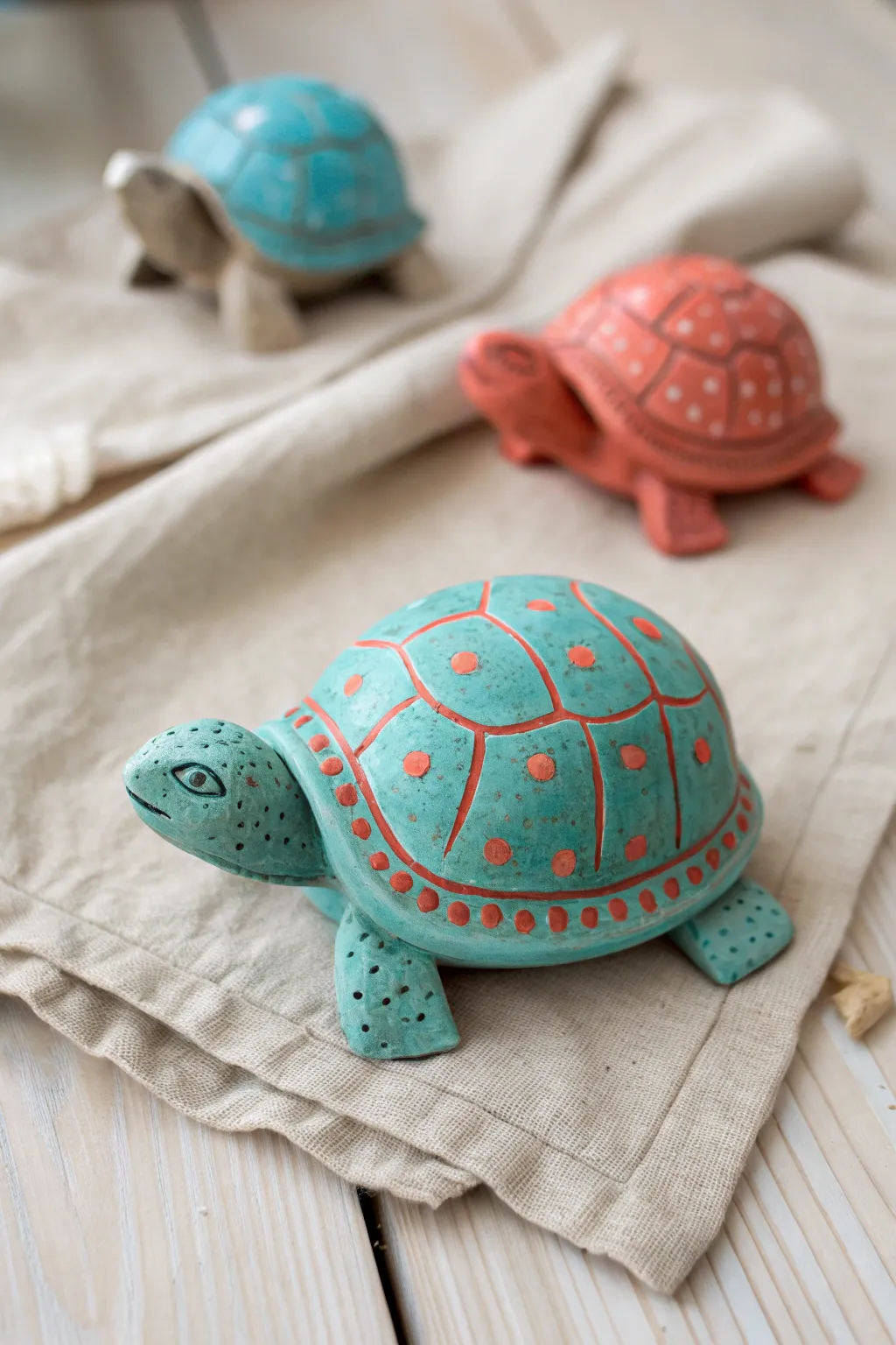 Palm-sized clay turtle with stamped shell texture, minimalist boho styling, bold color pop