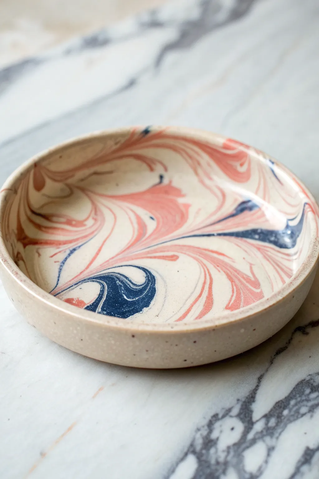 Soft marble swirl clay dish in blush, ivory, and navy for a minimalist boho touch.