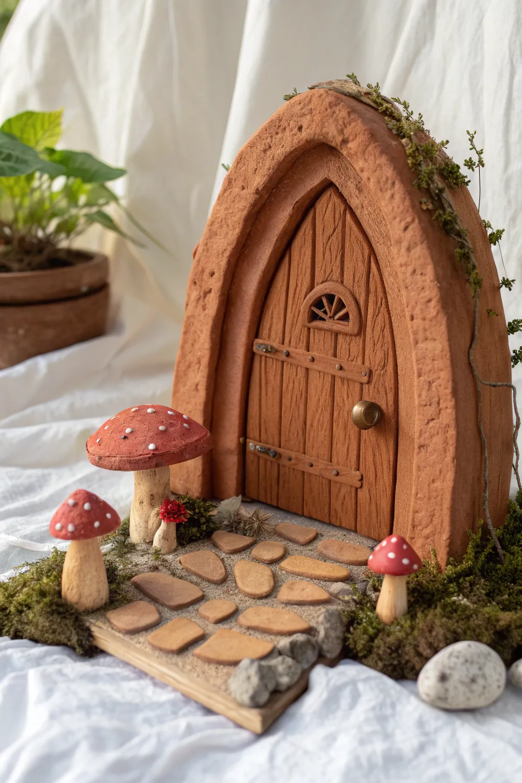 Arched woodland clay fairy door with tiny mushroom steps, minimal and bold for cozy gardens