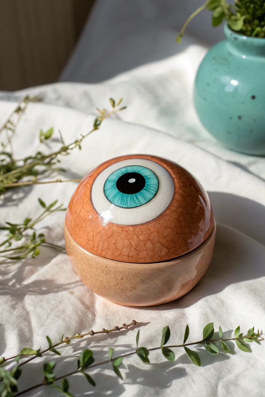 Friendly dragon eye with soft rounded lids and bright turquoise iris, minimalist boho ceramic charm.