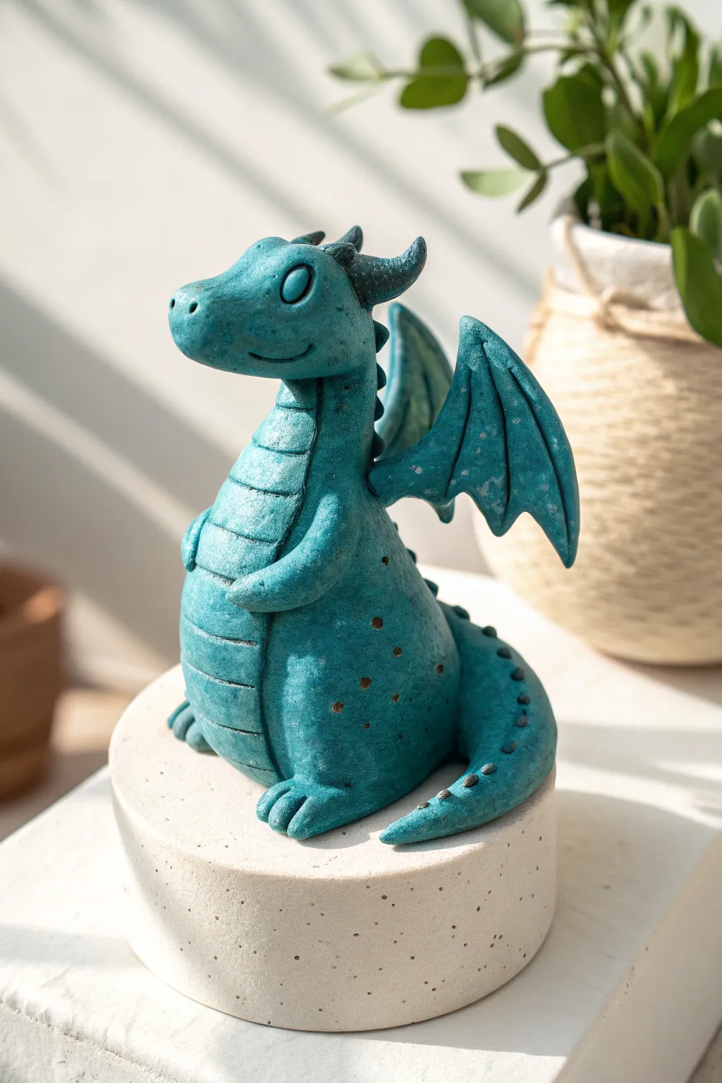 Beginner coil-built clay dragon with small wings, bold glaze, and clean Nordic styling.