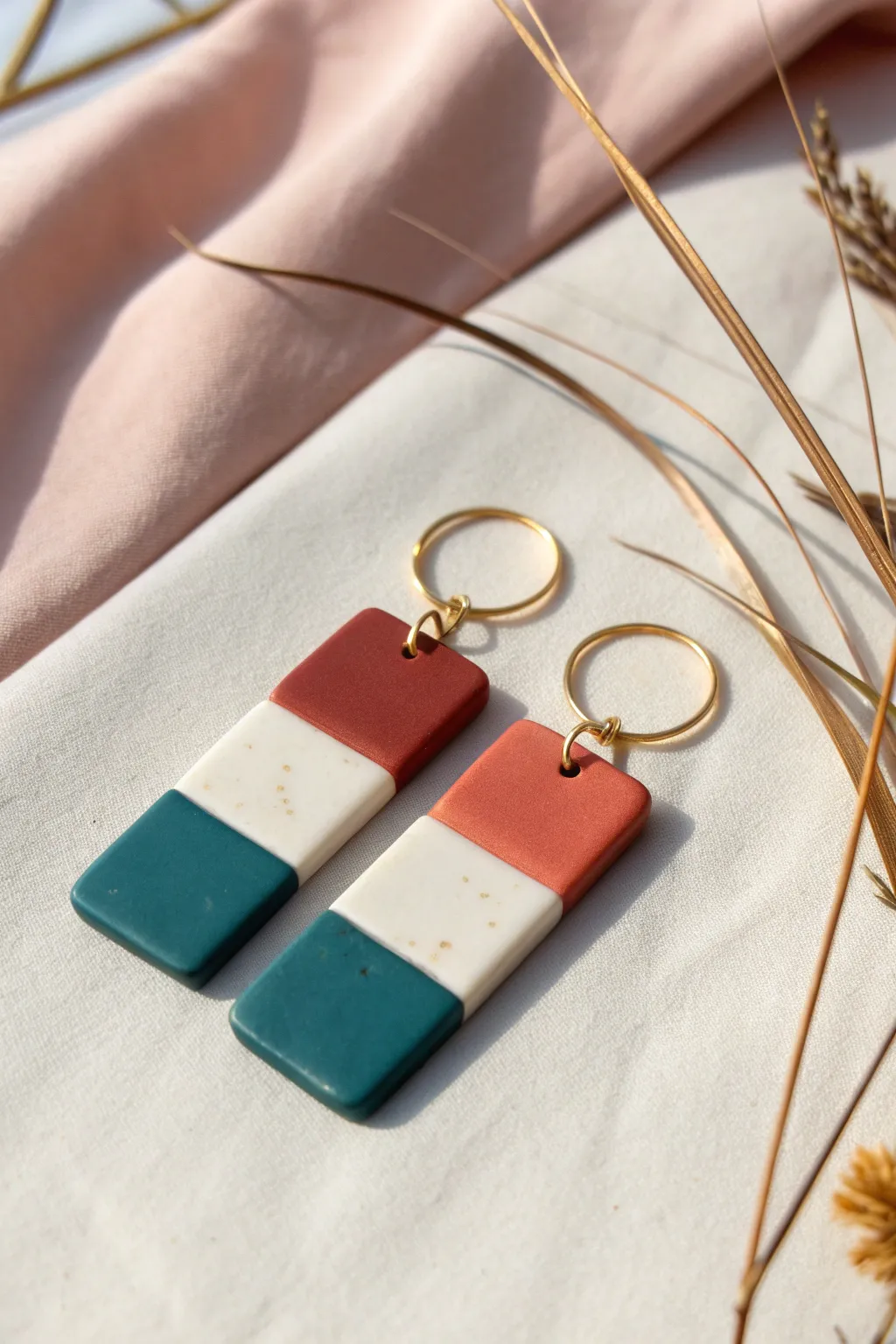Color-blocked rectangle clay earring with crisp lines and bold hues on a soft pastel backdrop.