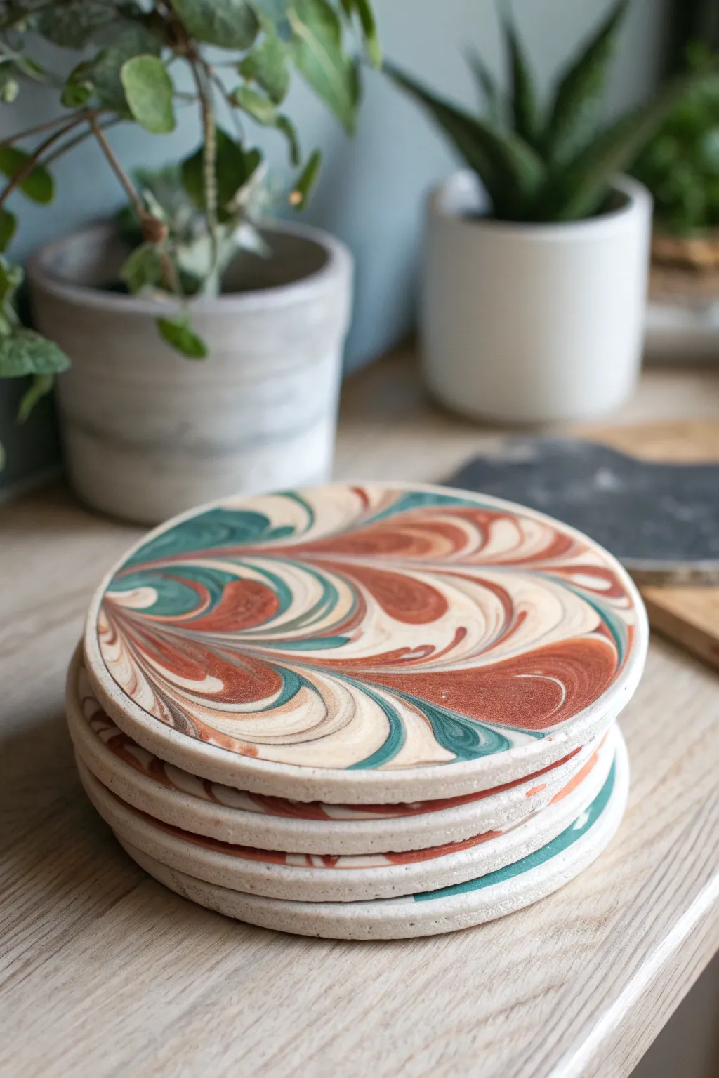 Minimal marbled clay coasters in bold yet earthy tones, stacked for a clean Nordic-boho look.