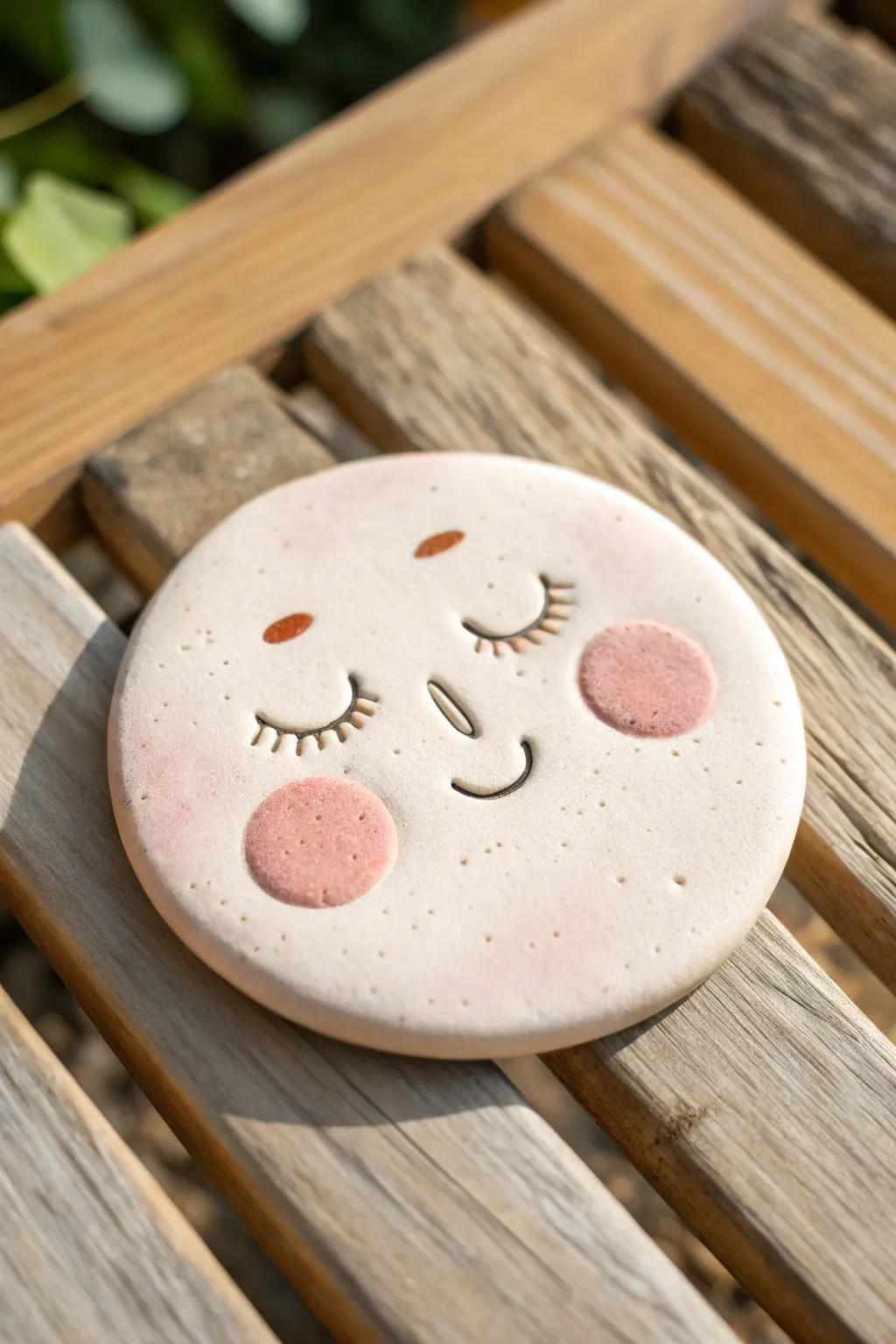 Cute clay face with chubby cheeks and a soft blush finish, minimalist and warmly handmade