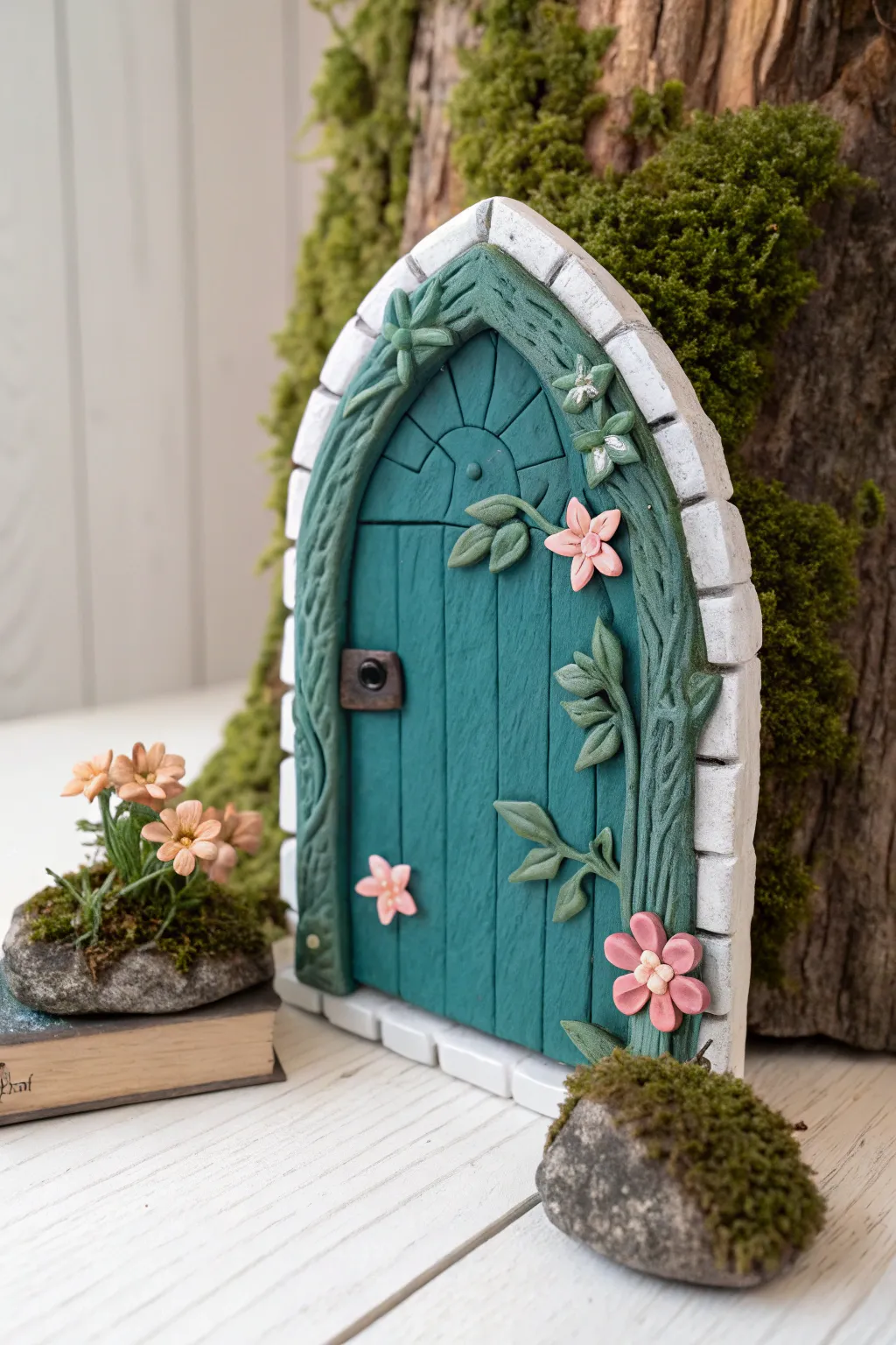 Clay fairy door with pink blossoms and winding vines, styled against moss for garden magic.