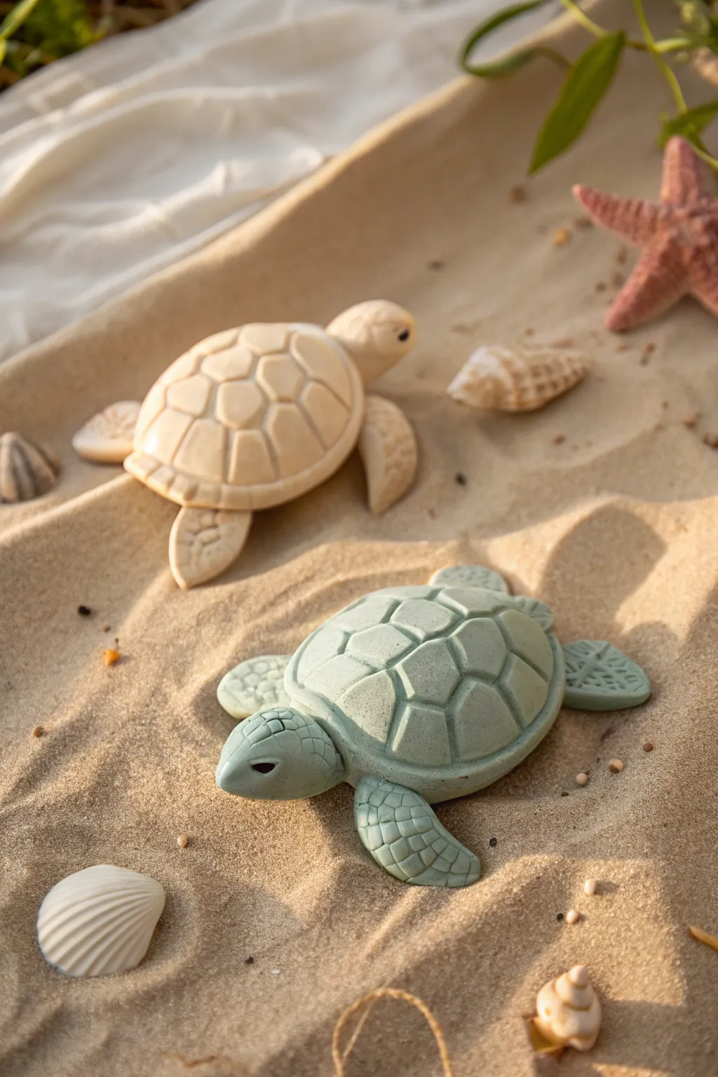 Sweet baby turtle clay figures with easy hexagon shell texture in bold, minimal colors