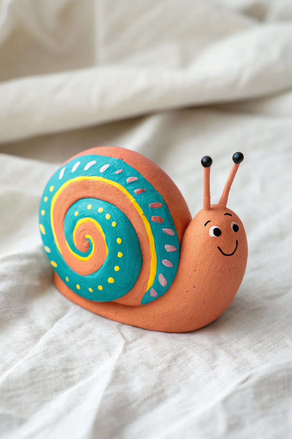 A cheerful swirl-shell clay snail kids can make, with bold colors and a sweet handmade smile.