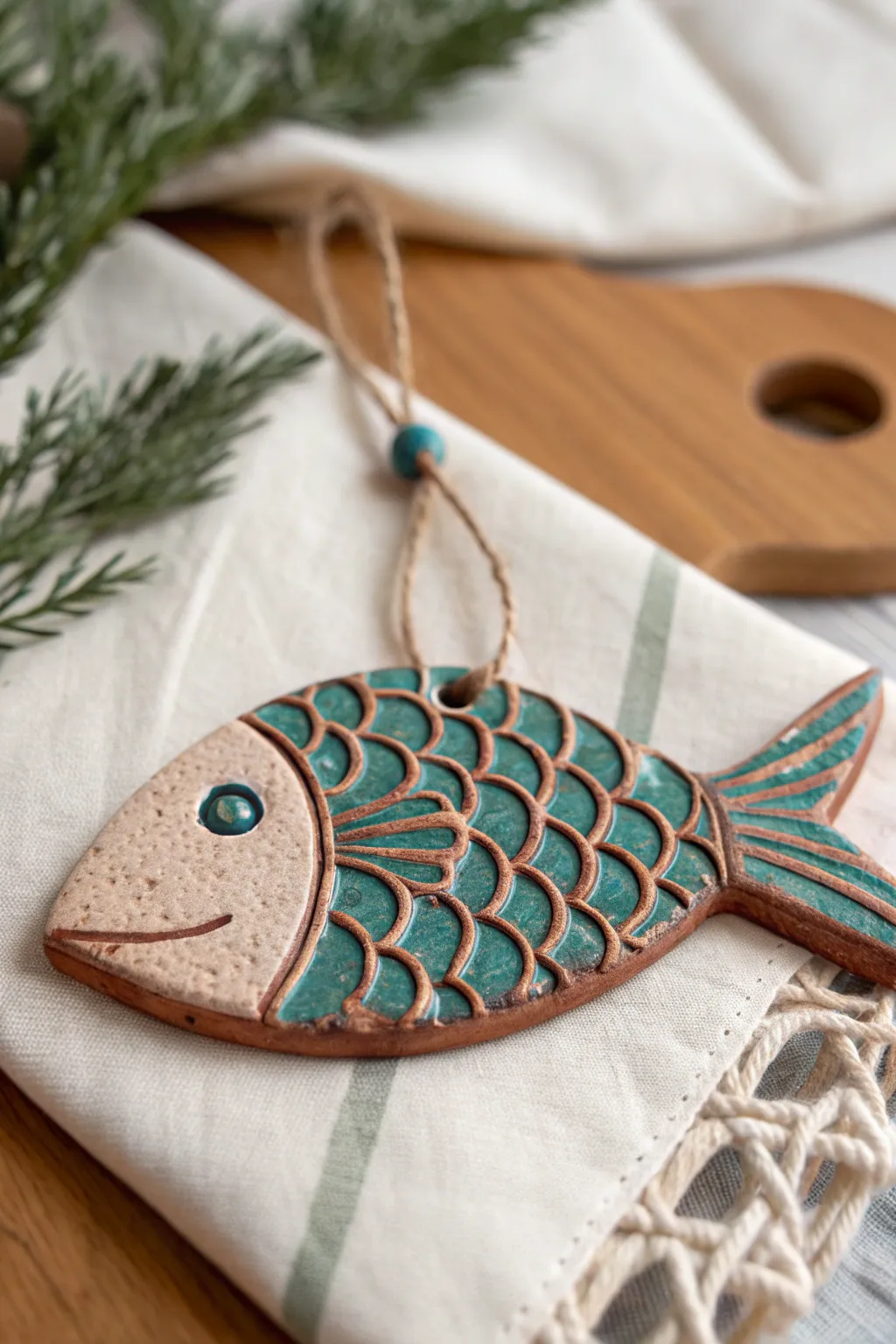 Matte stamped-scale clay fish in bold terracotta and teal, simple lines and crisp texture