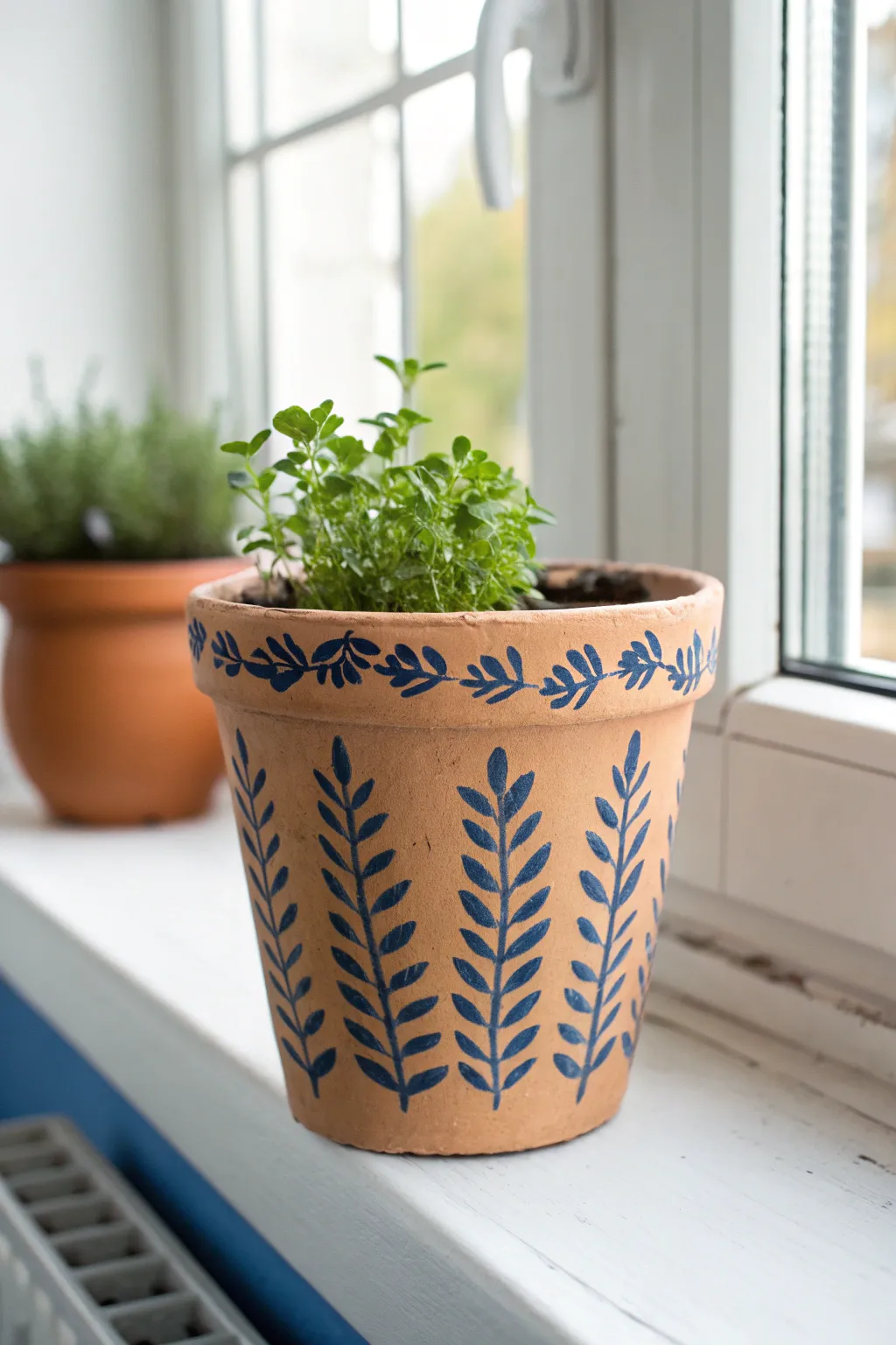 Simple stenciled terracotta pot in bold color, bringing boho charm to a sunny herb ledge.