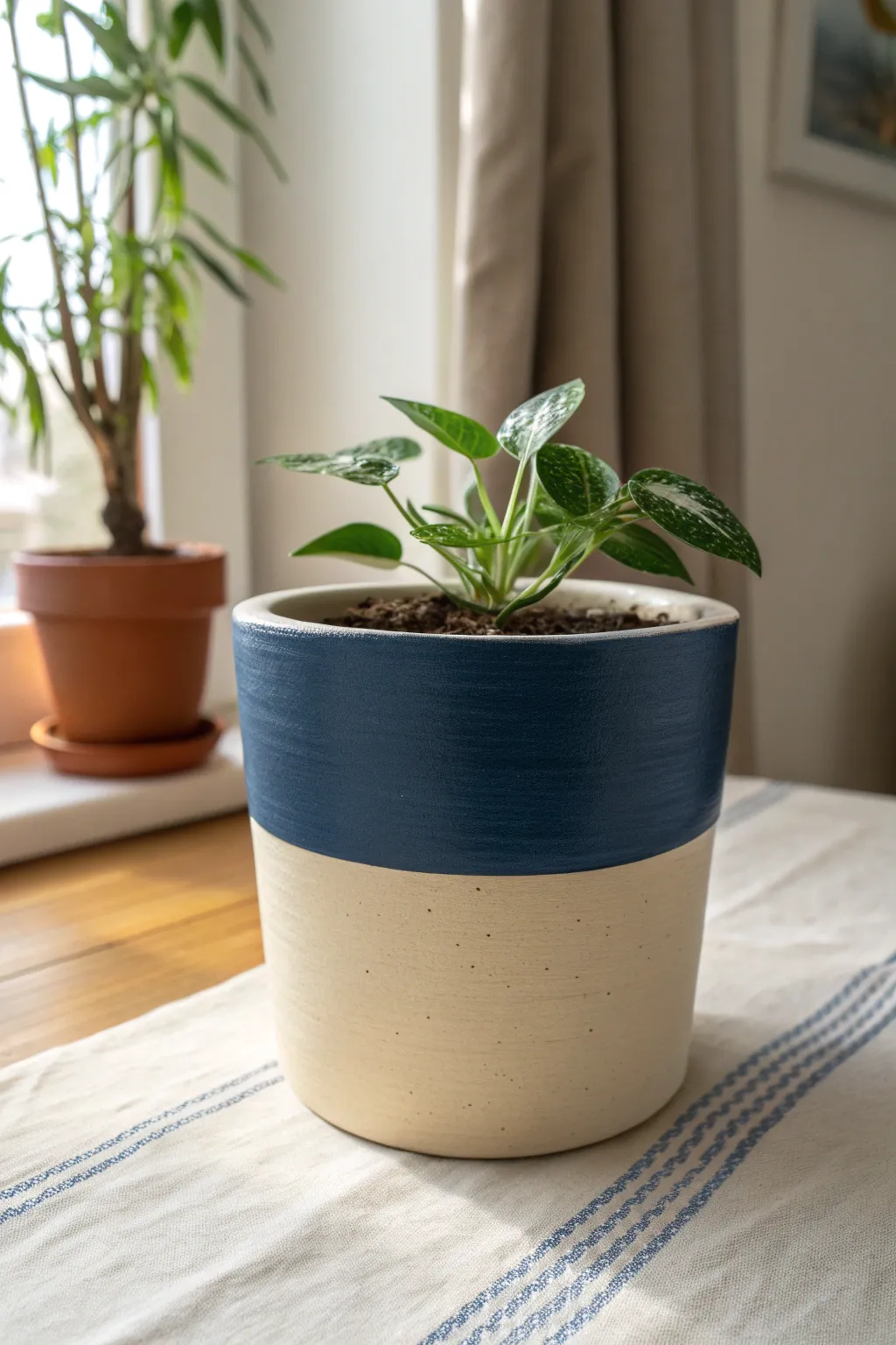 Two-tone color block pot idea: clean line, bold hues, and a leafy plant for modern charm.