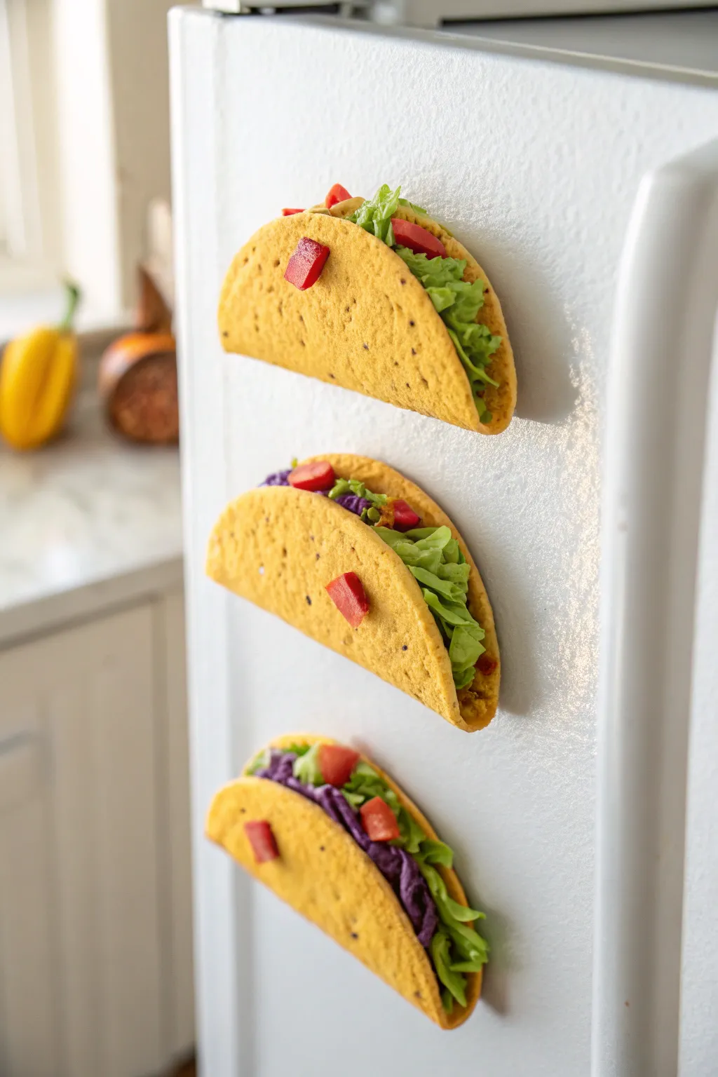 Tiny taco night on your fridge: three handmade clay taco magnets in bold, minimal Scandi style.