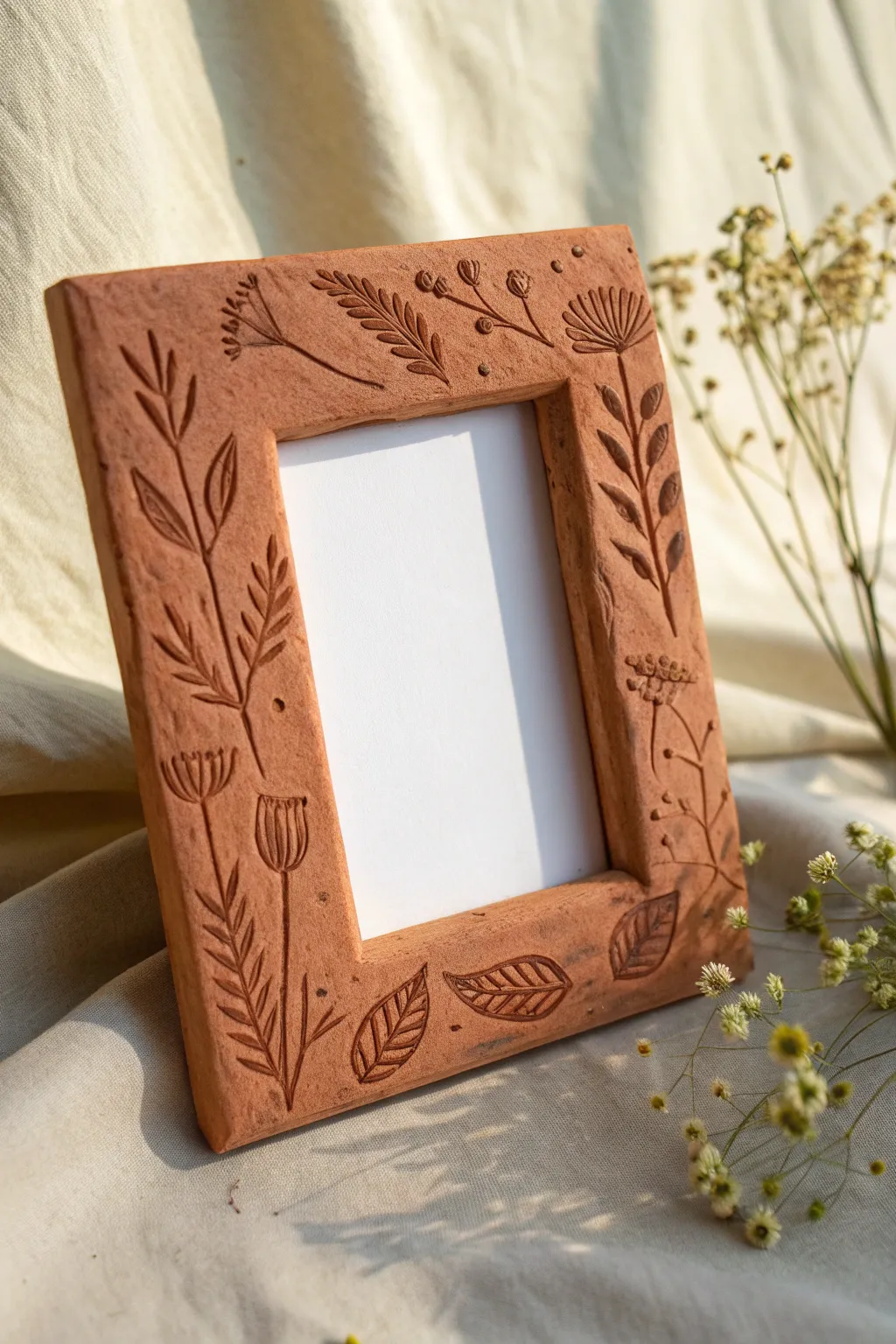 Matte terracotta clay frame with botanical imprints and soft side light for bold, textured contrast