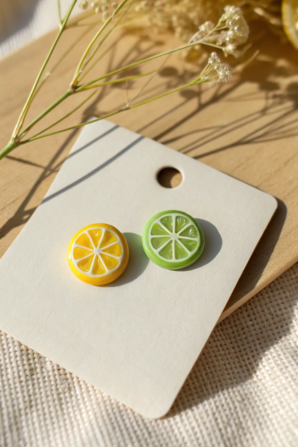 Lemon and lime slice studs with a glossy finish, bright color pop in a clean minimalist style.