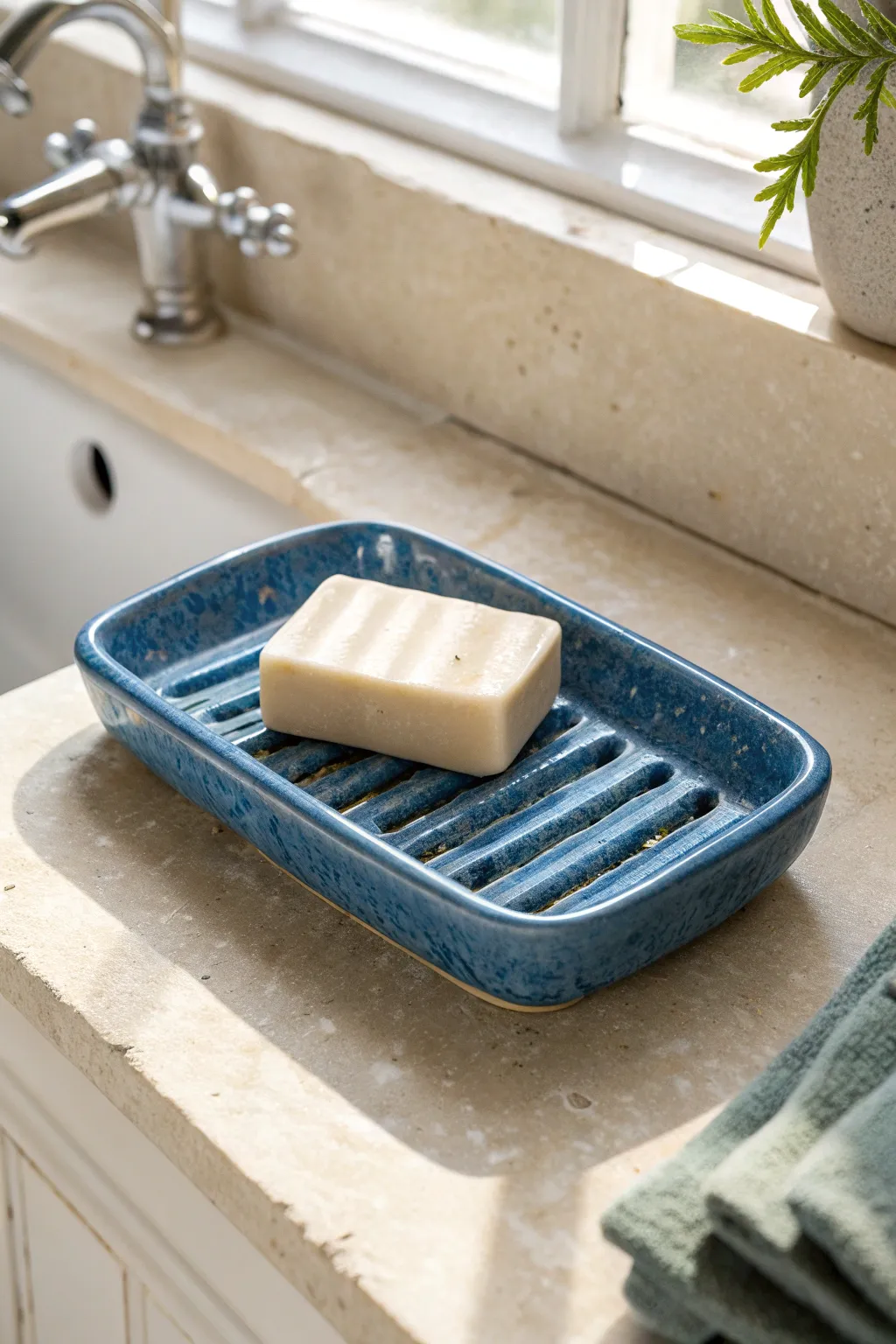 Minimalist slab soap dish with ridged drainage keeps your bar dry and your sink serene.