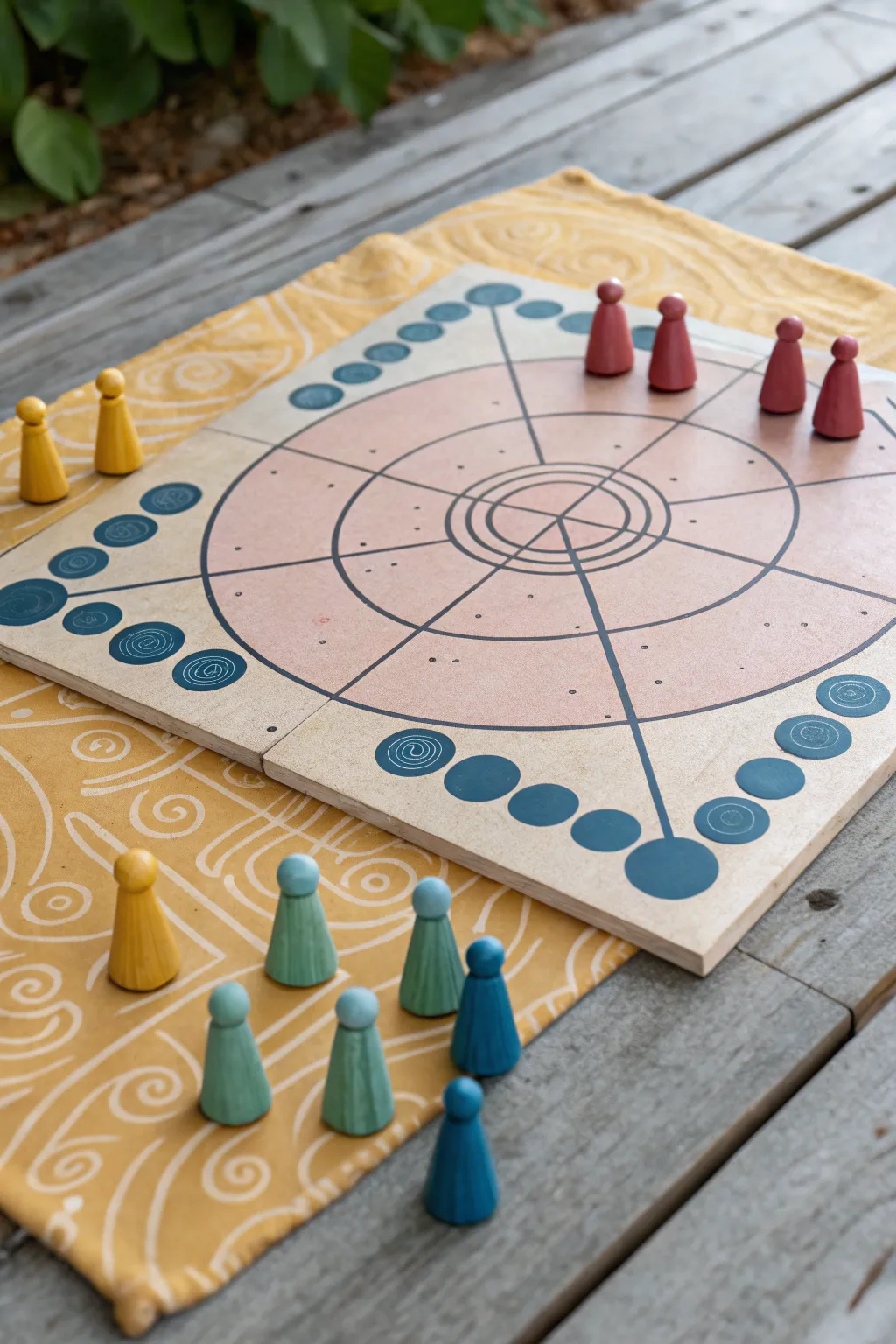 Handmade clay ludo race board in bold colors, minimalist boho style, ready for play