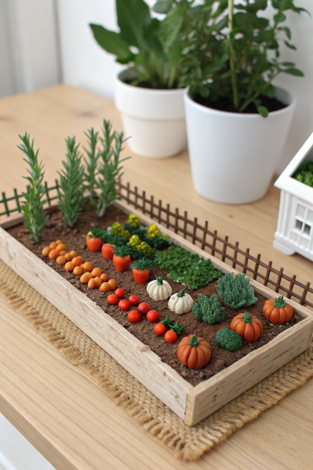 Mini clay veggie patch tile with bold colors and a simple fence, styled beside a real herb pot