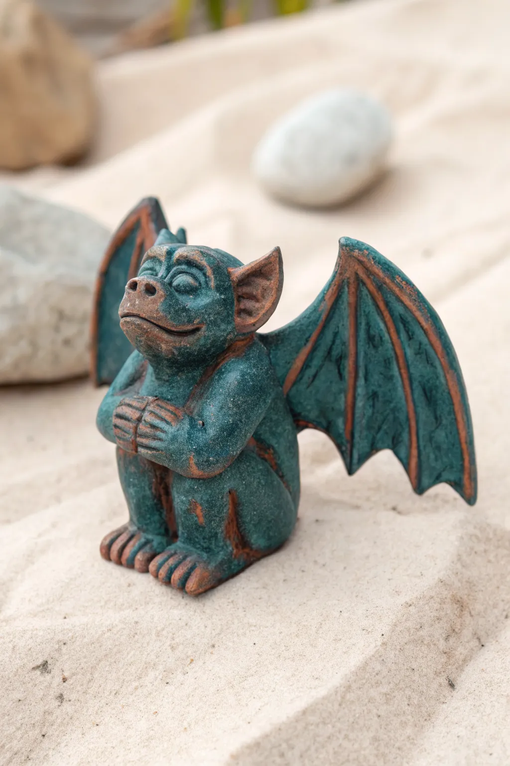 Bold teal bat-wing clay gargoyle with simple slab wings, minimalist lines, and moody charm