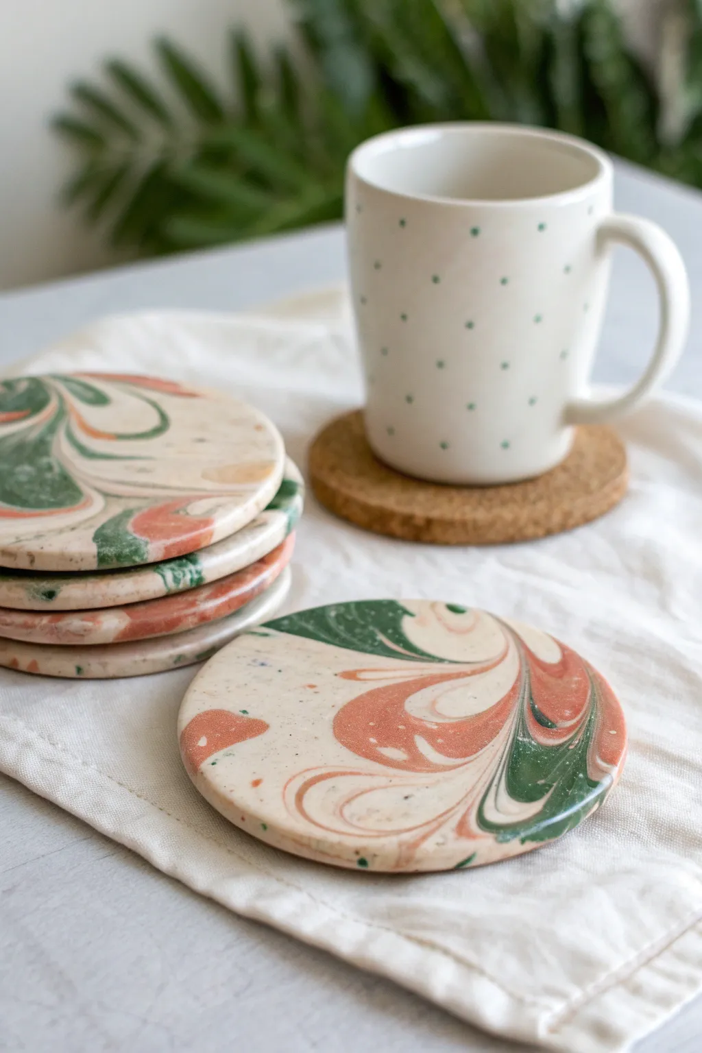 Marbled and terrazzo clay coasters in a bold soft palette, a chic handmade gift for any home