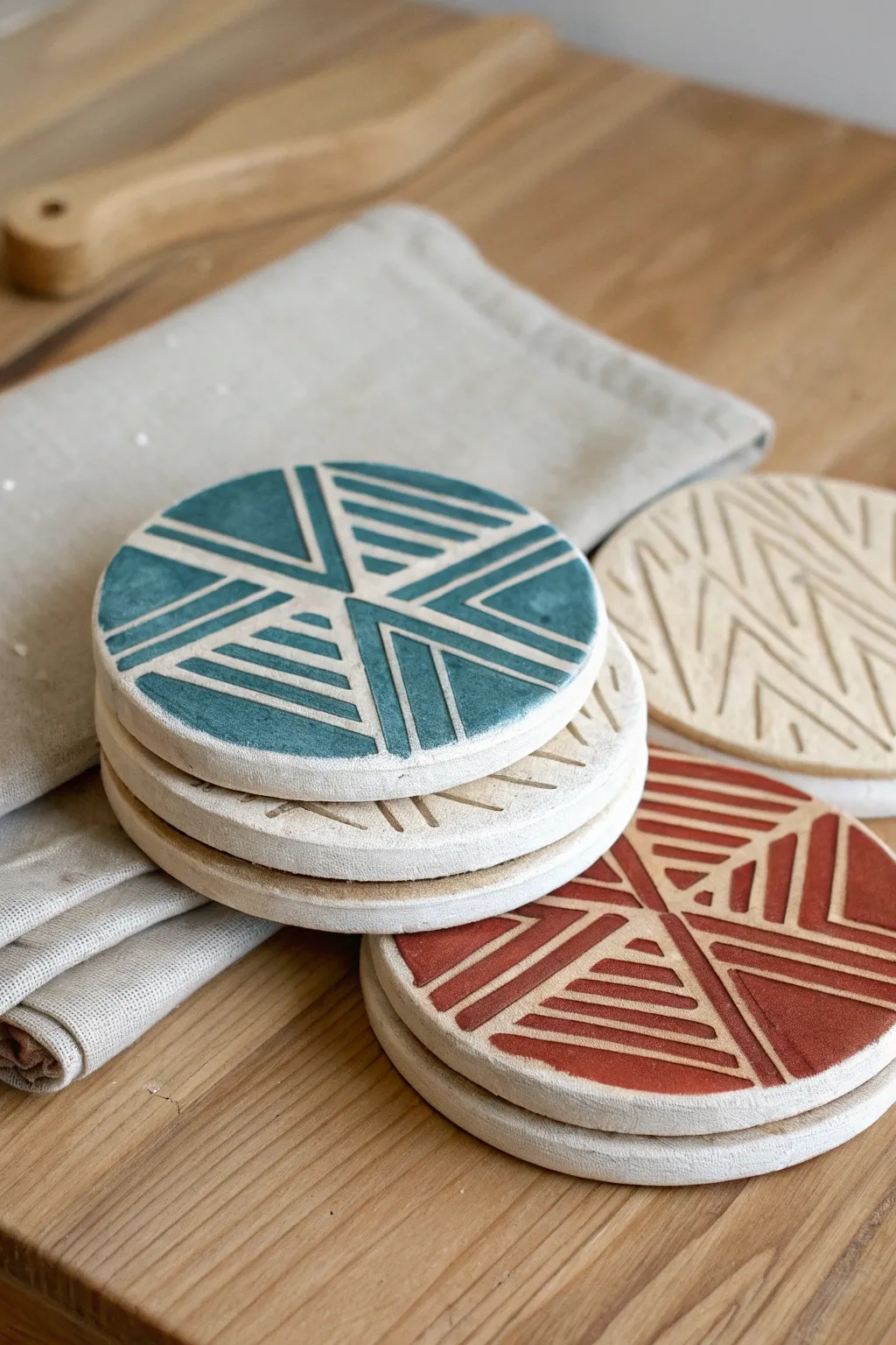 Geometric clay coaster set in earthy neutrals with a bold accent, the perfect handmade gift for him