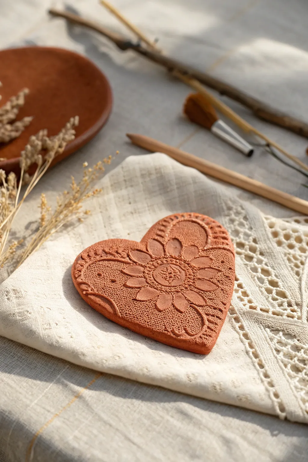 Lace-impressed clay heart keepsake, softly paint-washed on linen for minimalist boho charm.