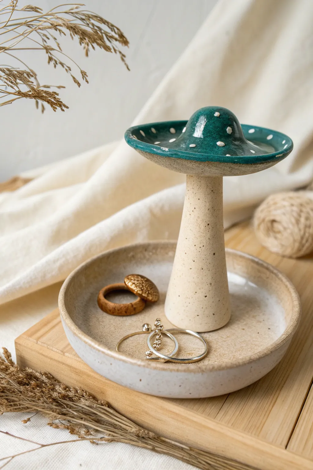 Minimalist mushroom clay holder keeps rings and earrings tidy with cozy boho charm.