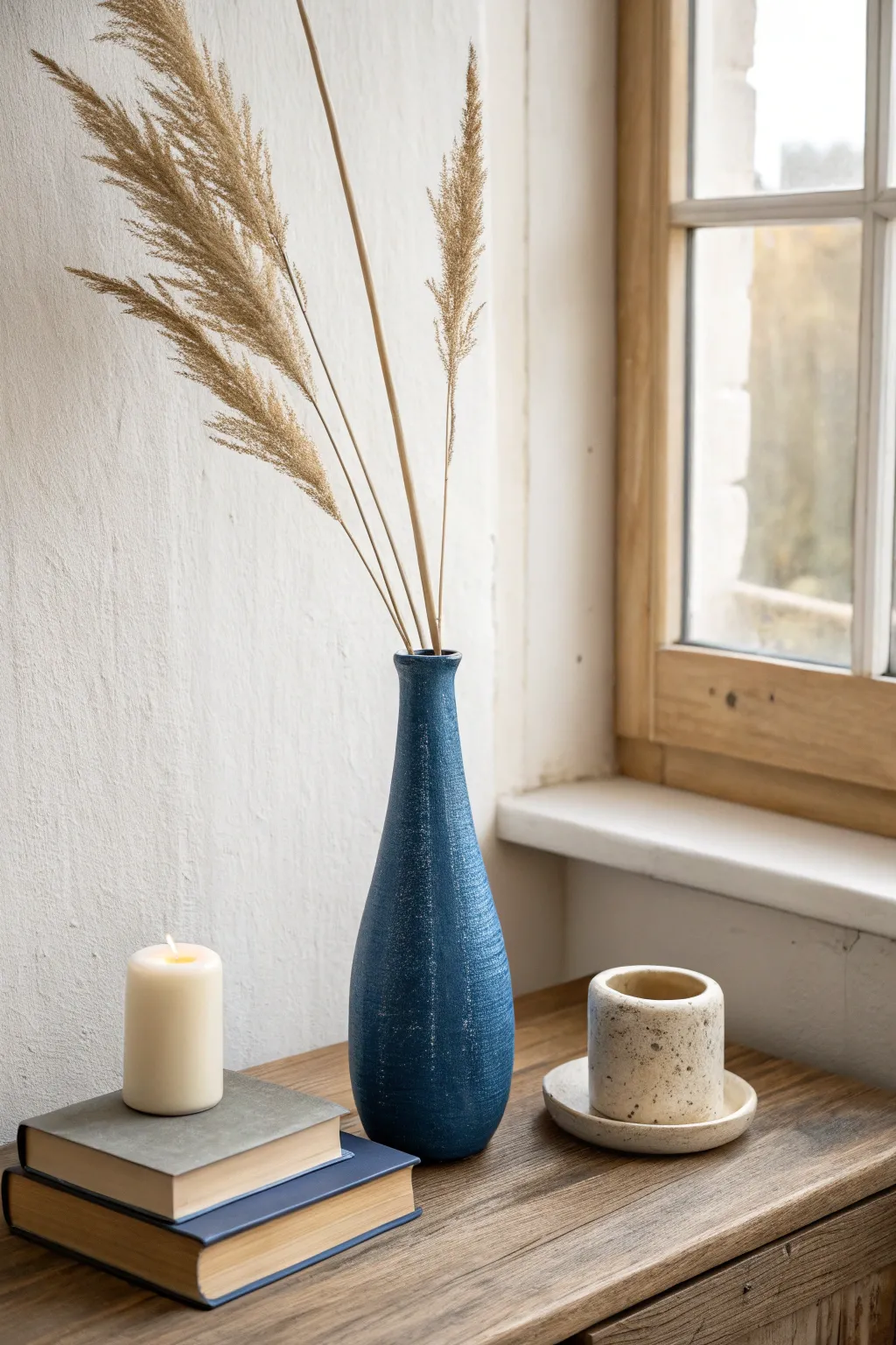 Minimal clay bud vase decor with one dried stem, soft candlelight, and calm Scandinavian styling.