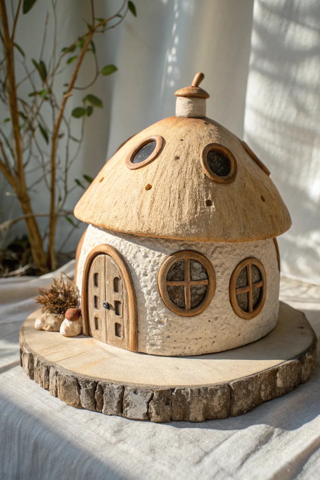A cozy clay fairy cottage with round windows and soft curves, simple, earthy, and handmade.
