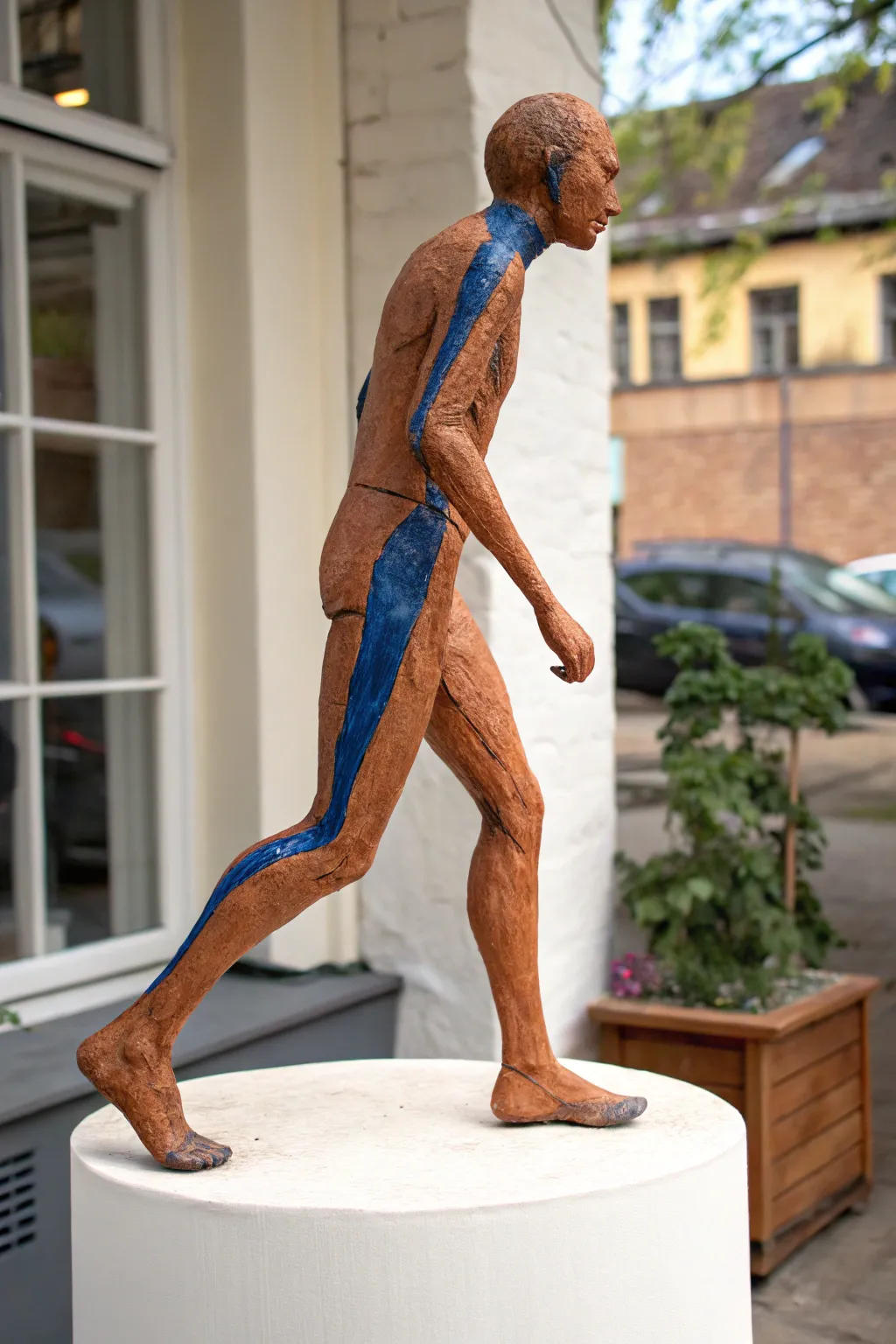Walking pose clay figure with clear weight shift, simple shapes, bold indigo accent, minimalist style