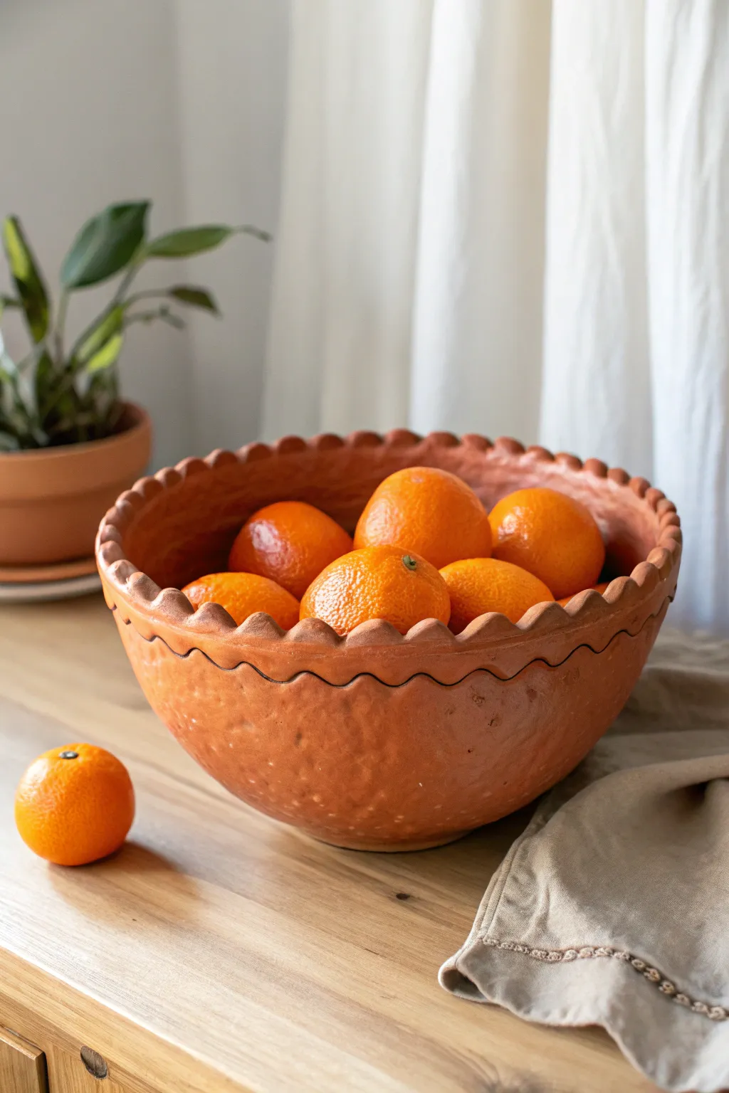 Oversized wavy pinch pot bowl filled with oranges, minimalist and bold with cozy handmade texture.