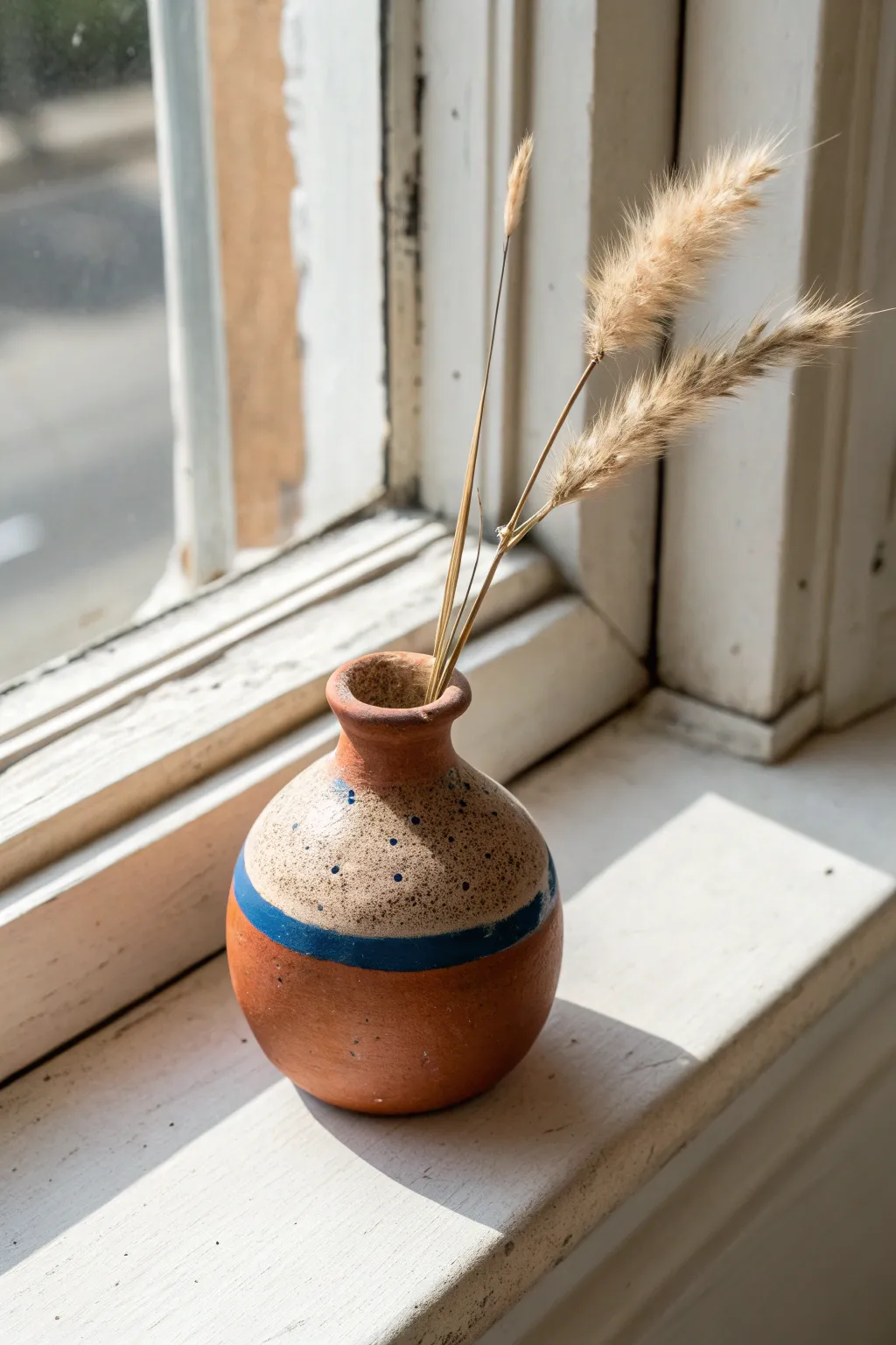 Mini clay bud vase with a single stem, sunlit and minimalist with a bold pop of color