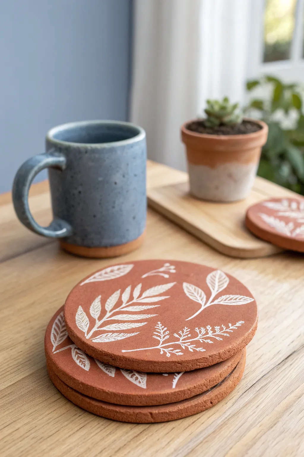 Leaf-imprinted clay coasters add a warm handmade touch to your minimalist coffee table.