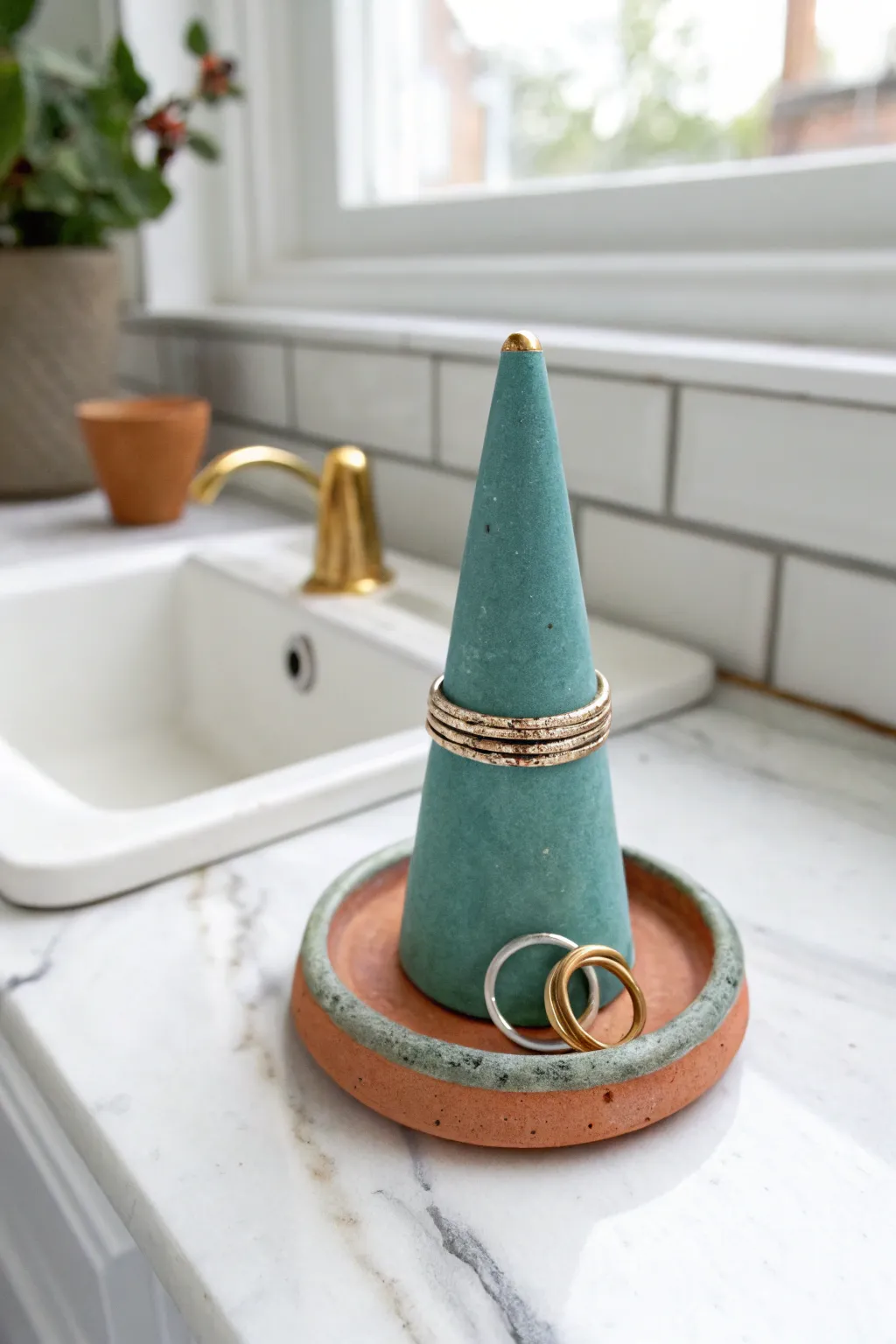Tiny beginner clay ring cone holder for the sink, minimal, handmade, and beautifully bold