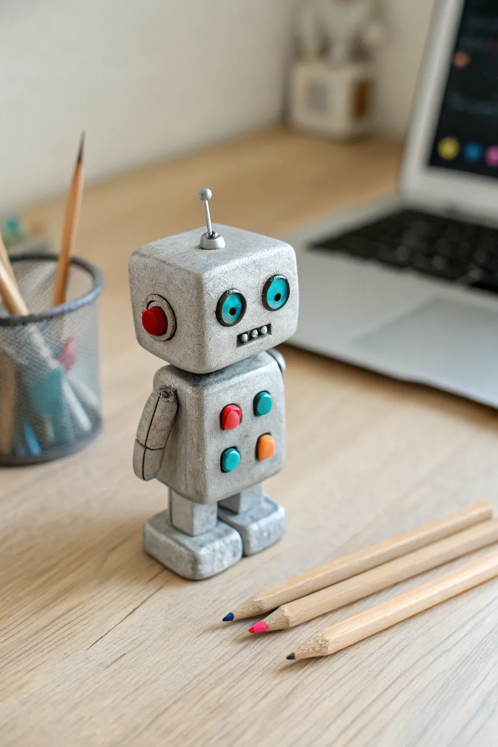 Cute clay robot desk buddy with bold buttons, a fun sculpture idea boys will love