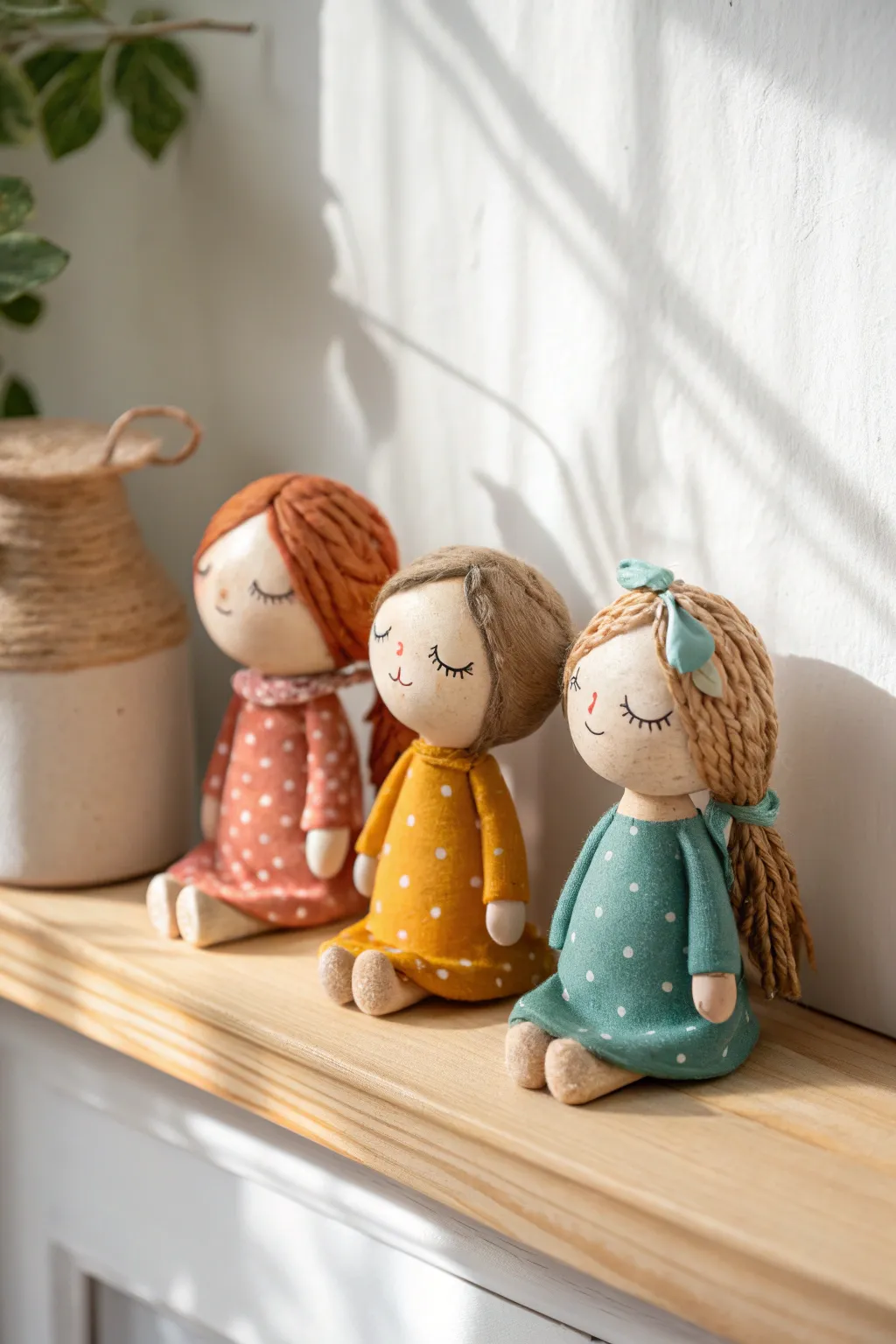 Sweet clay best-friends trio on a minimalist shelf, bold colors and soft Scandinavian warmth.