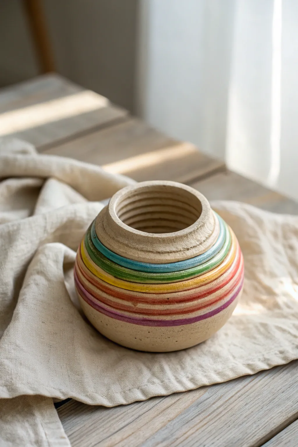 Rainbow coil pot with twisty snake-like spirals, simple, playful, and beautifully handmade.