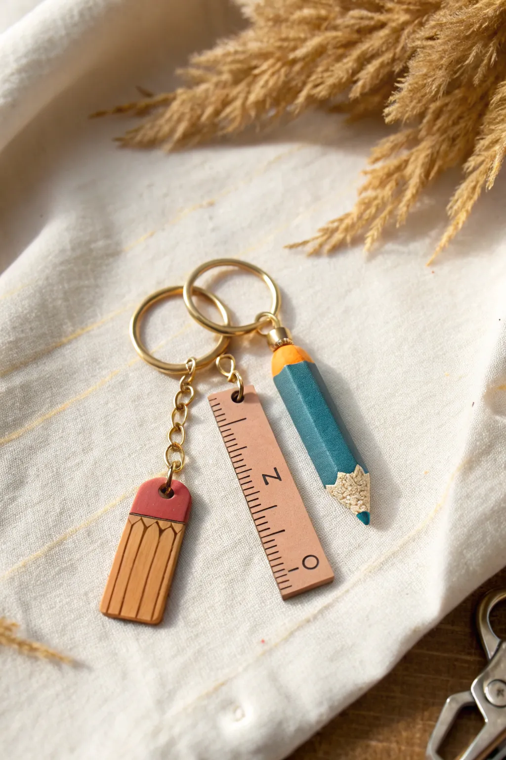 Handmade clay pencil and ruler keychain, minimalist and boho, a sweet DIY teacher gift idea