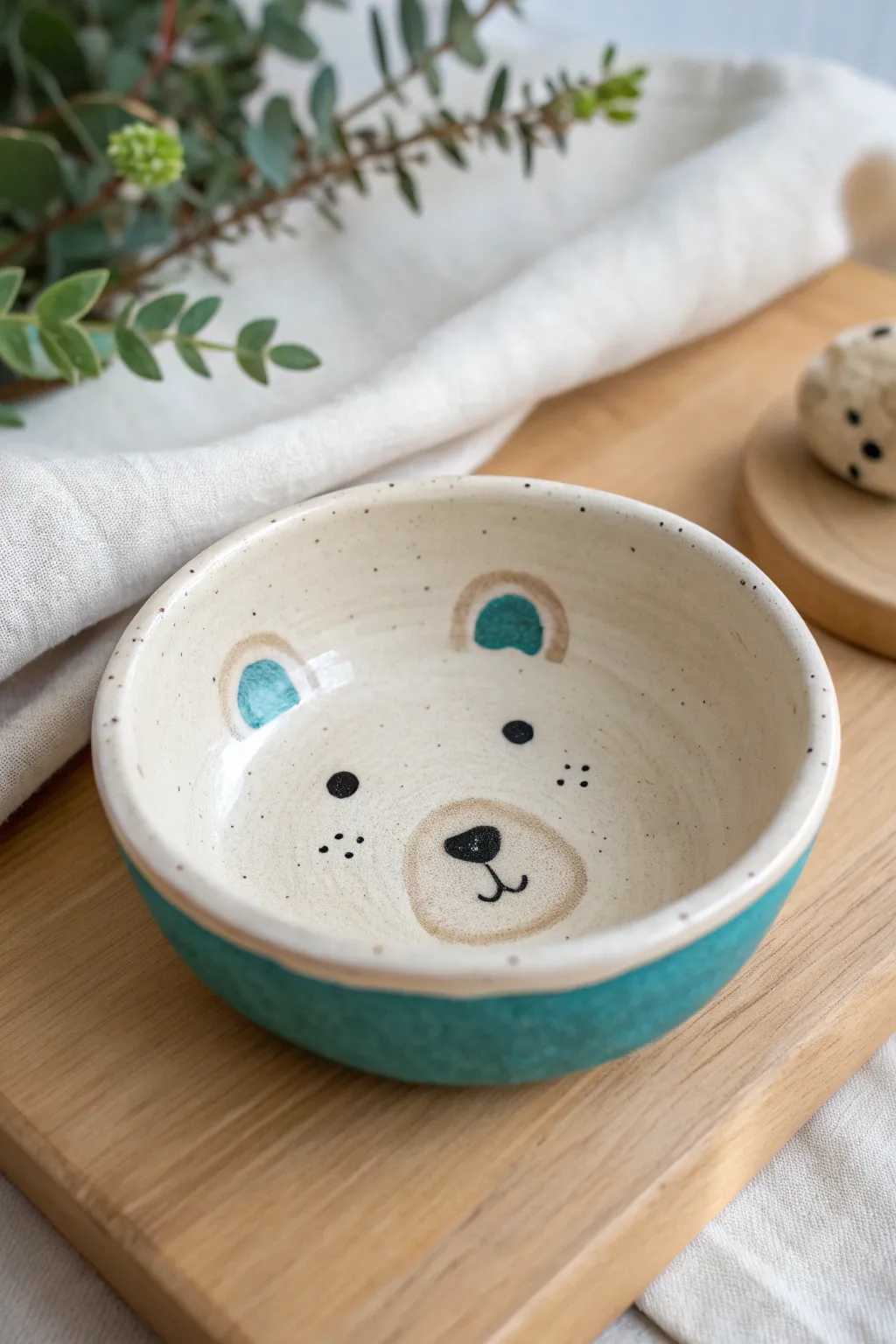 Sweet bear pinch pot bowl for toddlers, minimal details, bold color inside, easy and cute