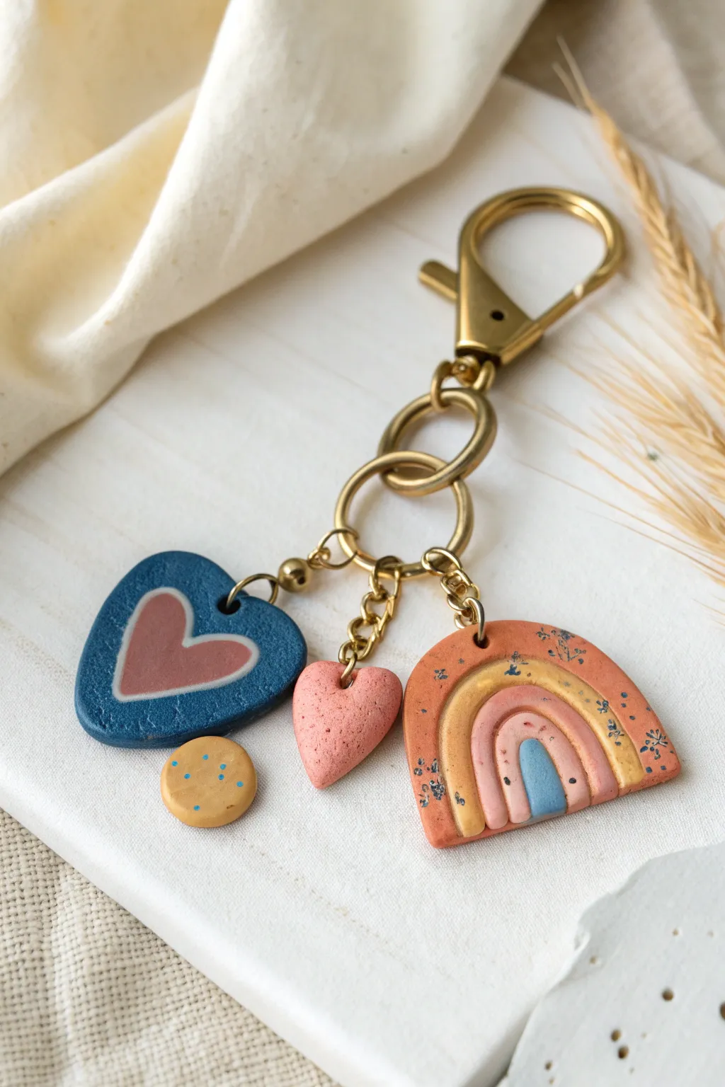 Bold handmade clay keychain charms in Scandinavian minimal style with a hint of boho color pop.