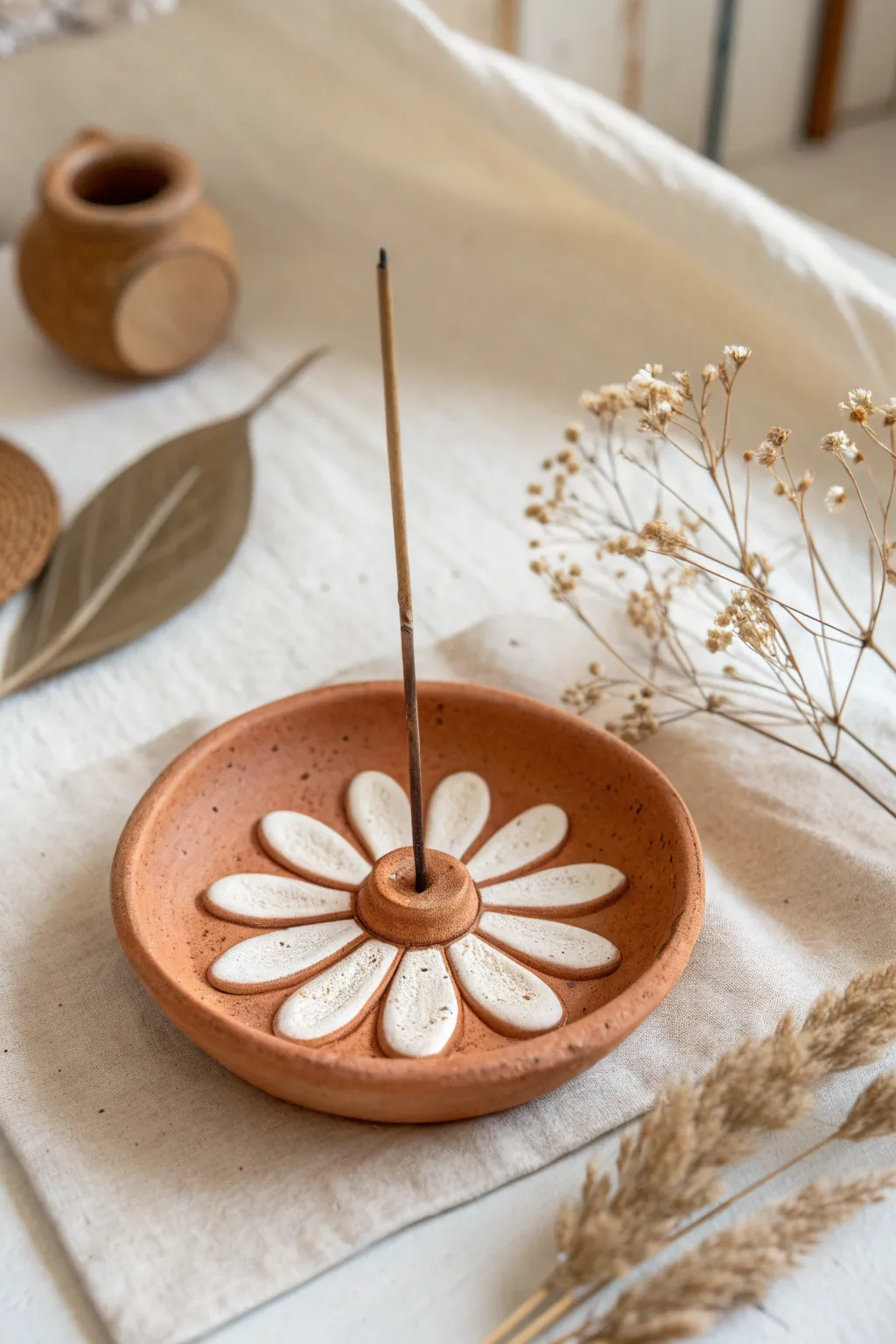 Daisy-inspired clay incense holder with a hidden center hole and petal dish for ash.