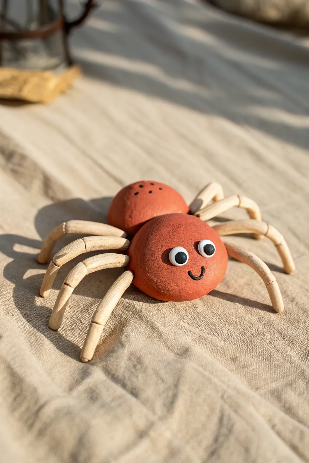 A sweet clay spider with bold color and simple shapes, perfect for cute not-scary DIY decor.