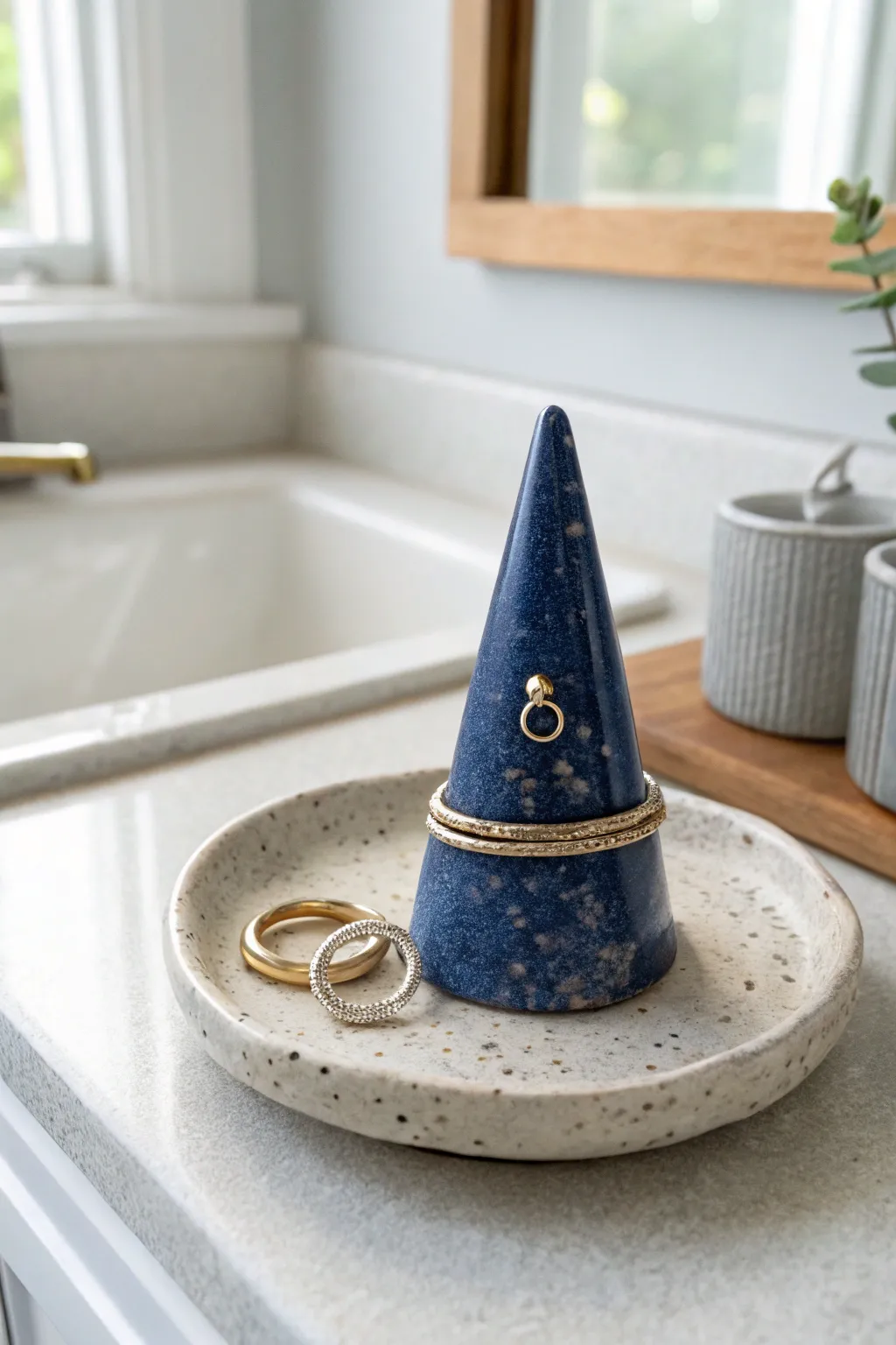 Tiny sculptural ring holders in bold glaze, turning your tray into a minimalist jewelry moment