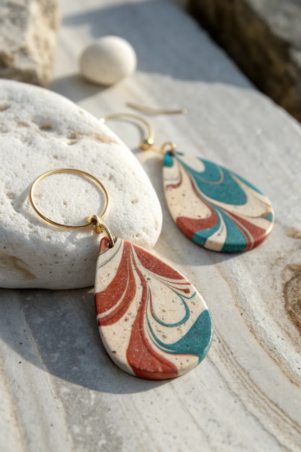 Marbled teardrop clay earring in cream, terracotta, and teal on a minimalist stone backdrop.