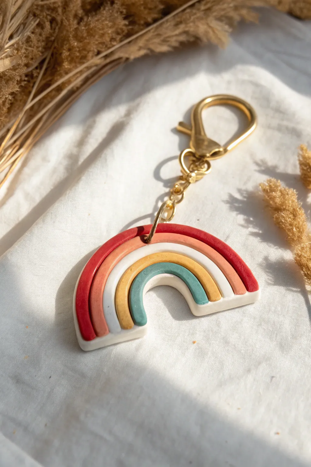 Bold rainbow arch clay keychain with clean curves and brass hardware on a light minimalist backdrop.