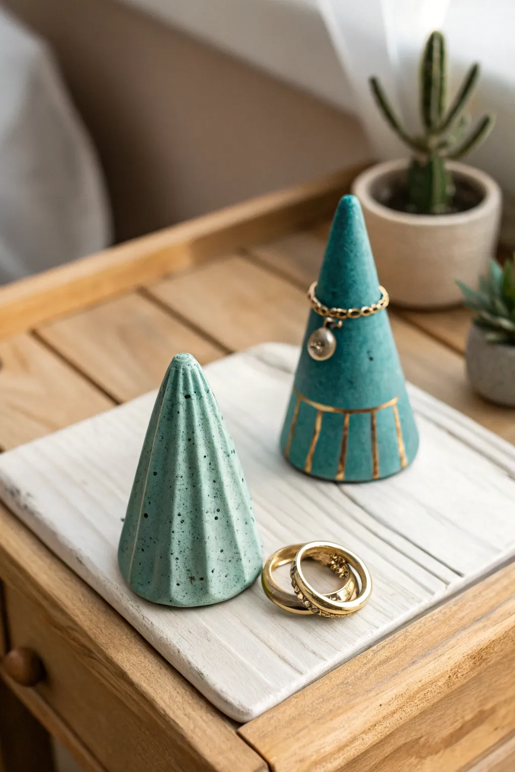 Two handmade ring holders in bold clay colors, glowing in warm light—perfect DIY gift kit inspiration.