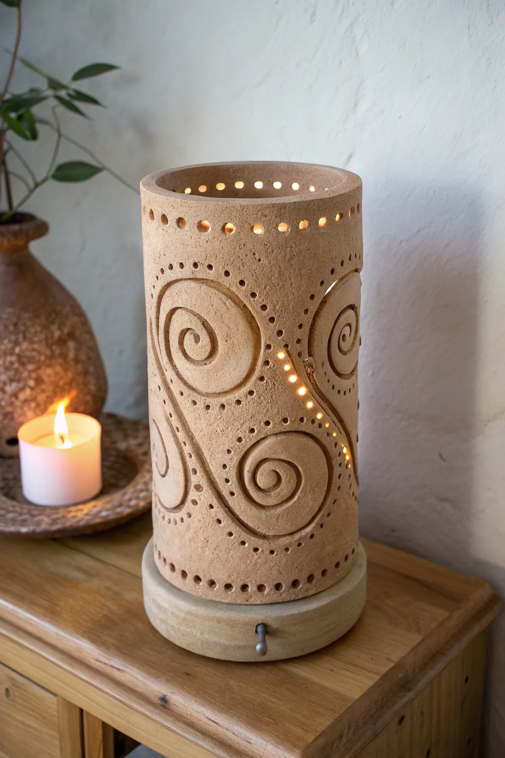 Vine-wrap perforations spill warm light and cast crisp shadows from an easy, handmade clay lantern.