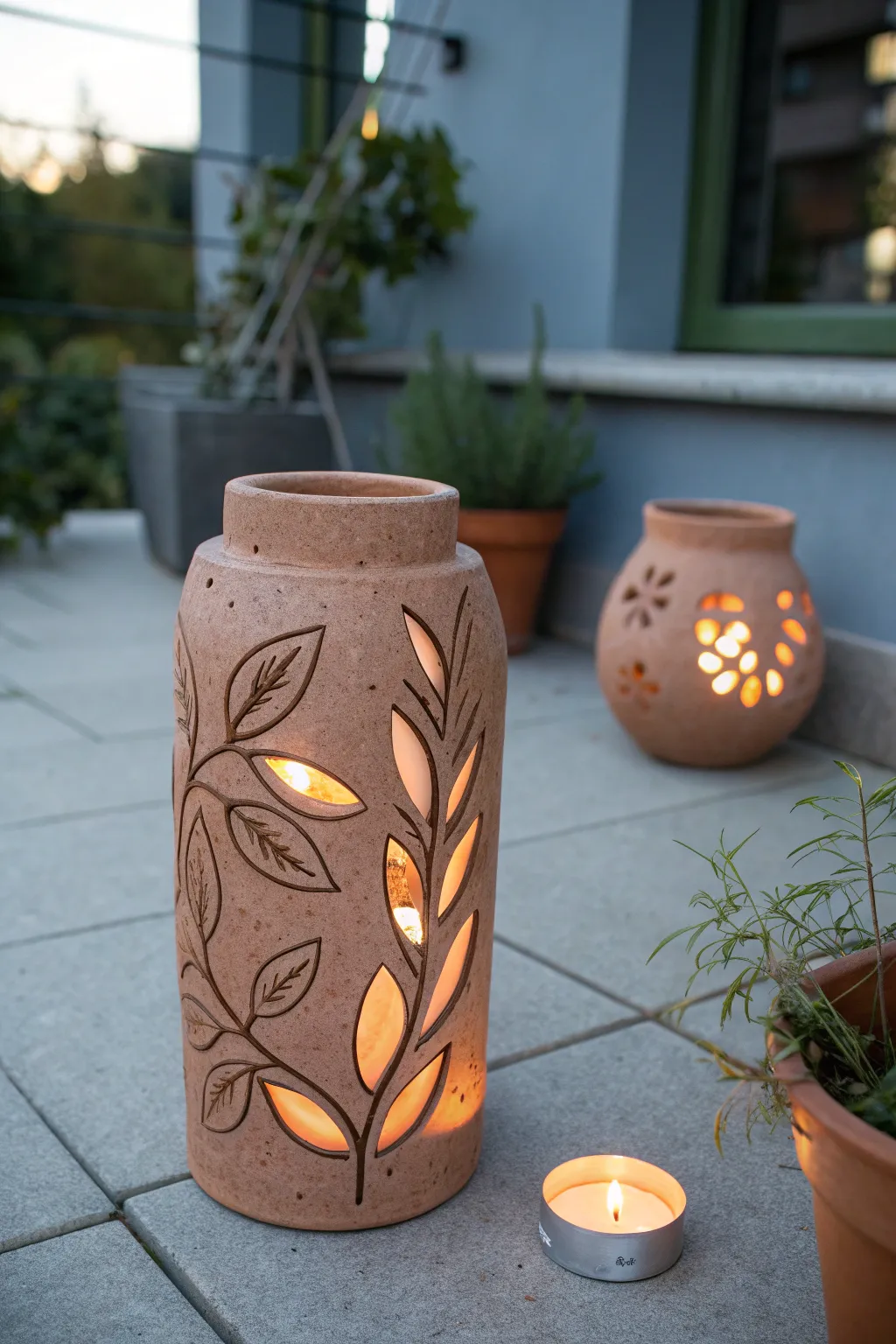 Botanical leaf cutout clay lantern glowing at dusk for a cozy, minimalist garden moment